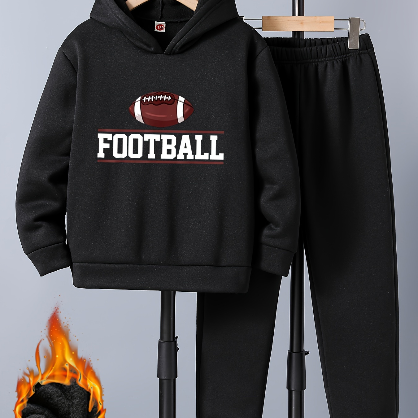 

2pcs Boy's "football" Print Hooded Outfit, Fleece Hoodie & Pants Set, Kid's Clothes For Fall Winter, As Gift