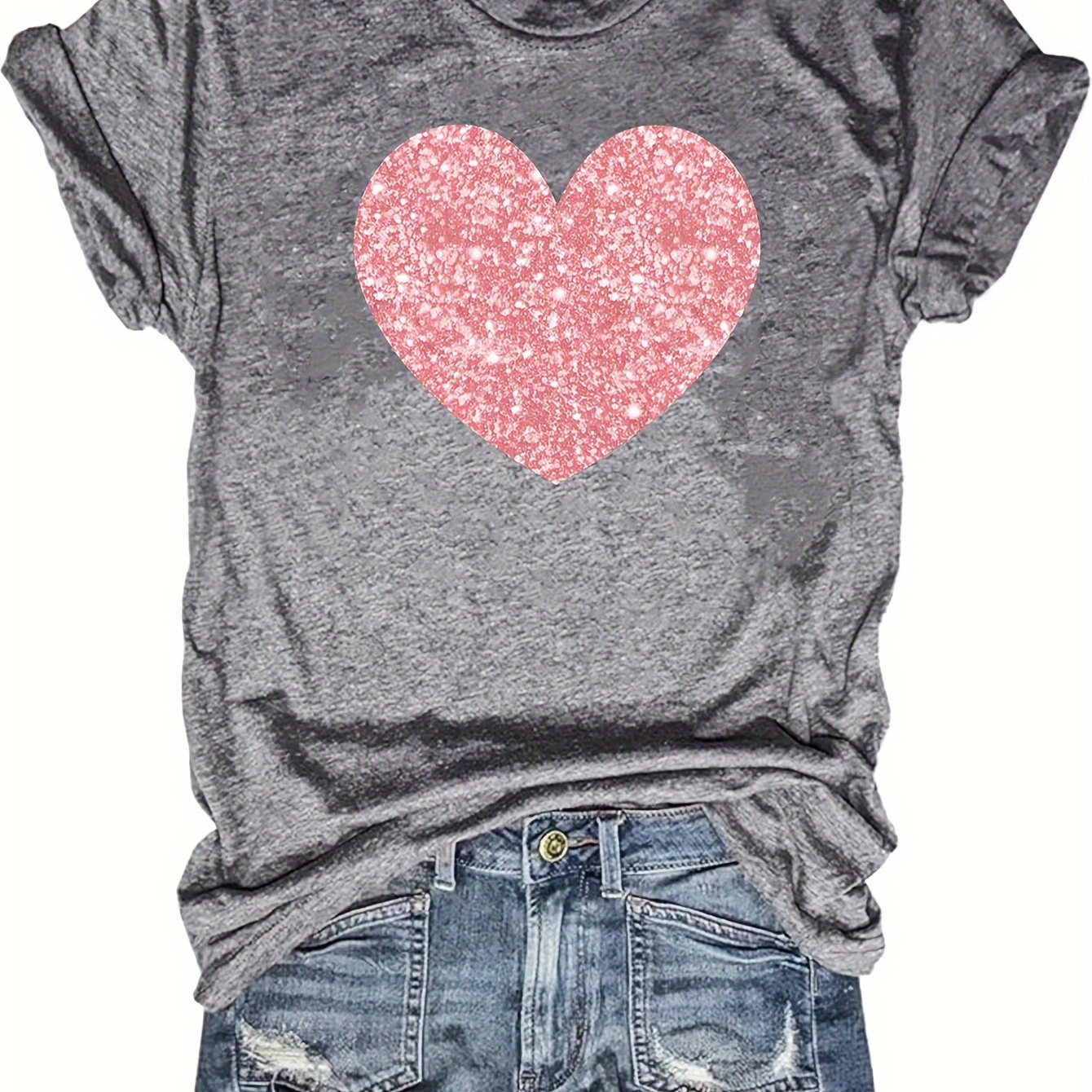 

Heart Print T-shirt, Casual Crew Neck Short Sleeve Top For Spring & Summer, Women's Clothing