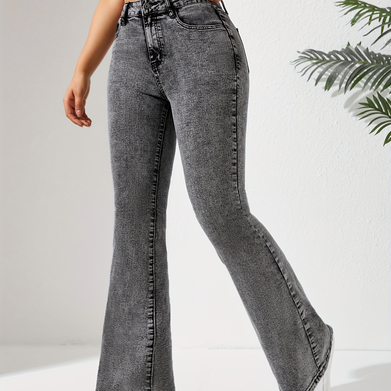 

Washed Grey Snowflake Stretchy Flare Pants, Elegant Style, Fashionable Bell Bottom Jeans, Women's Denim Trousers