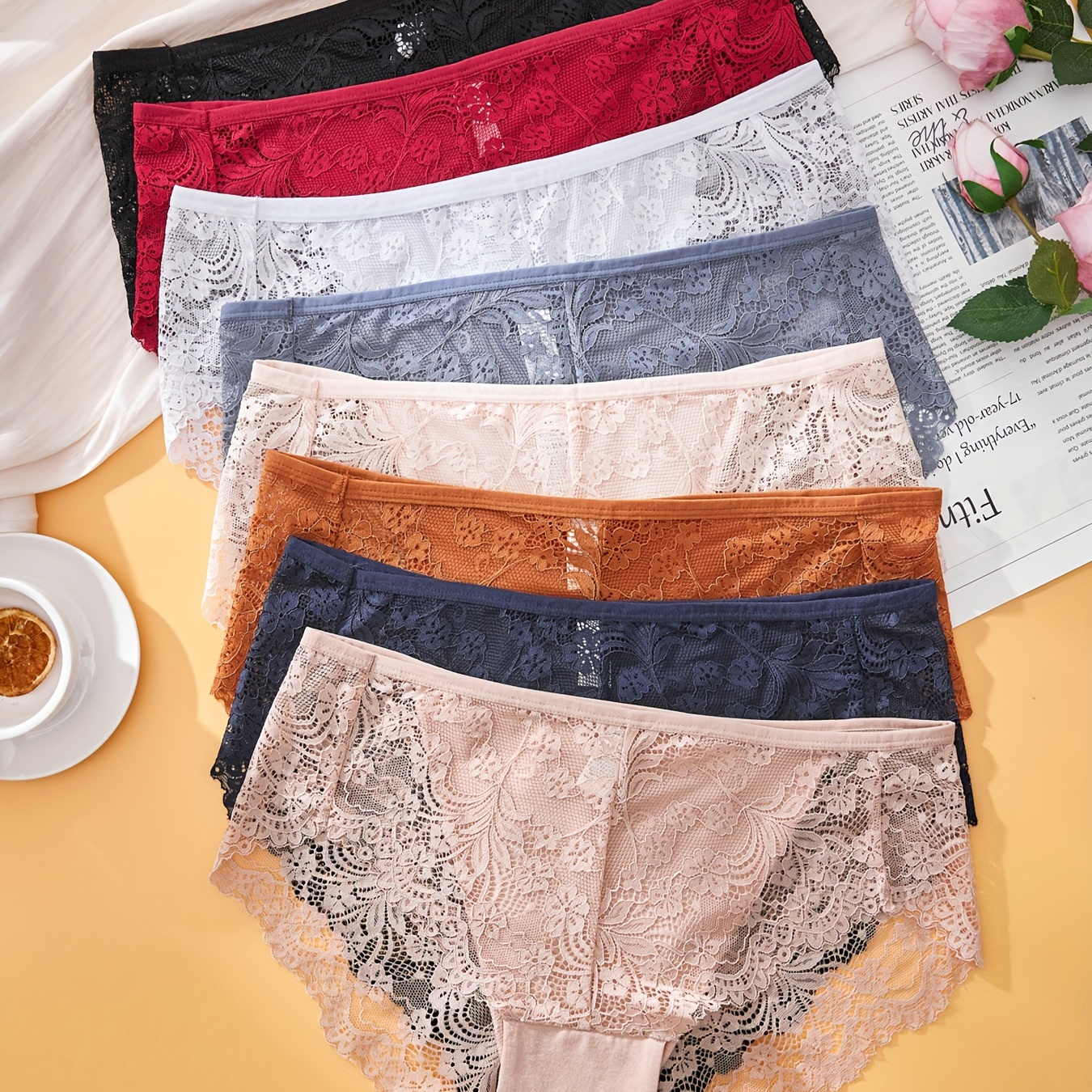 

8pcs Plus Size Lace Panties For Women, Polyamide And Elastane , Medium Stretch, Solid Color With Floral Lace Detail, Comfortable And Breathable Knit Fabric, Underwear Set