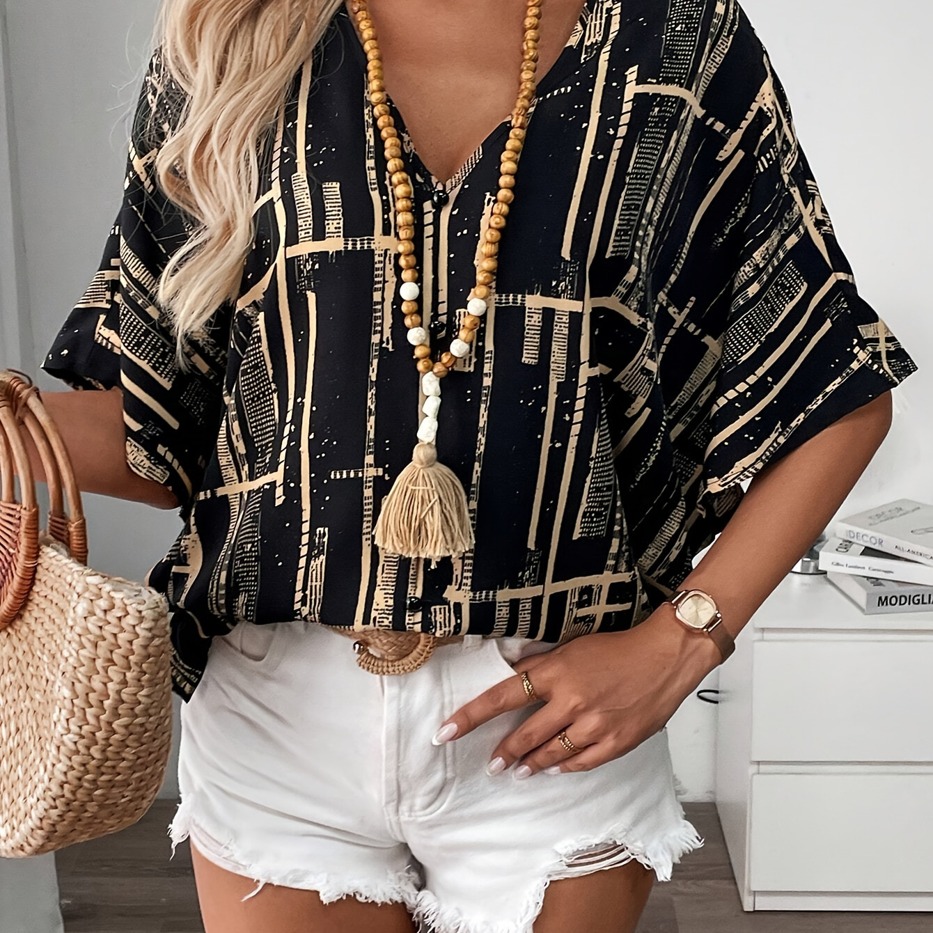 

Print V Neck Blouse, Casual Batwing Sleeve Blouse For , Women's Clothing