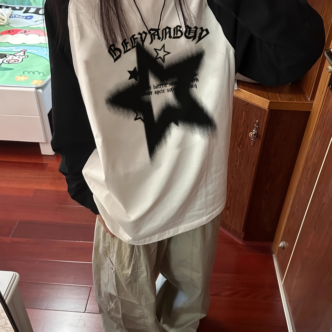

1pc Fashionable Long T- For - , , Pattern, , Drop Shoulder, Regular Length, Knitted, Non-transparent, Washable, Fit, For /, Layering