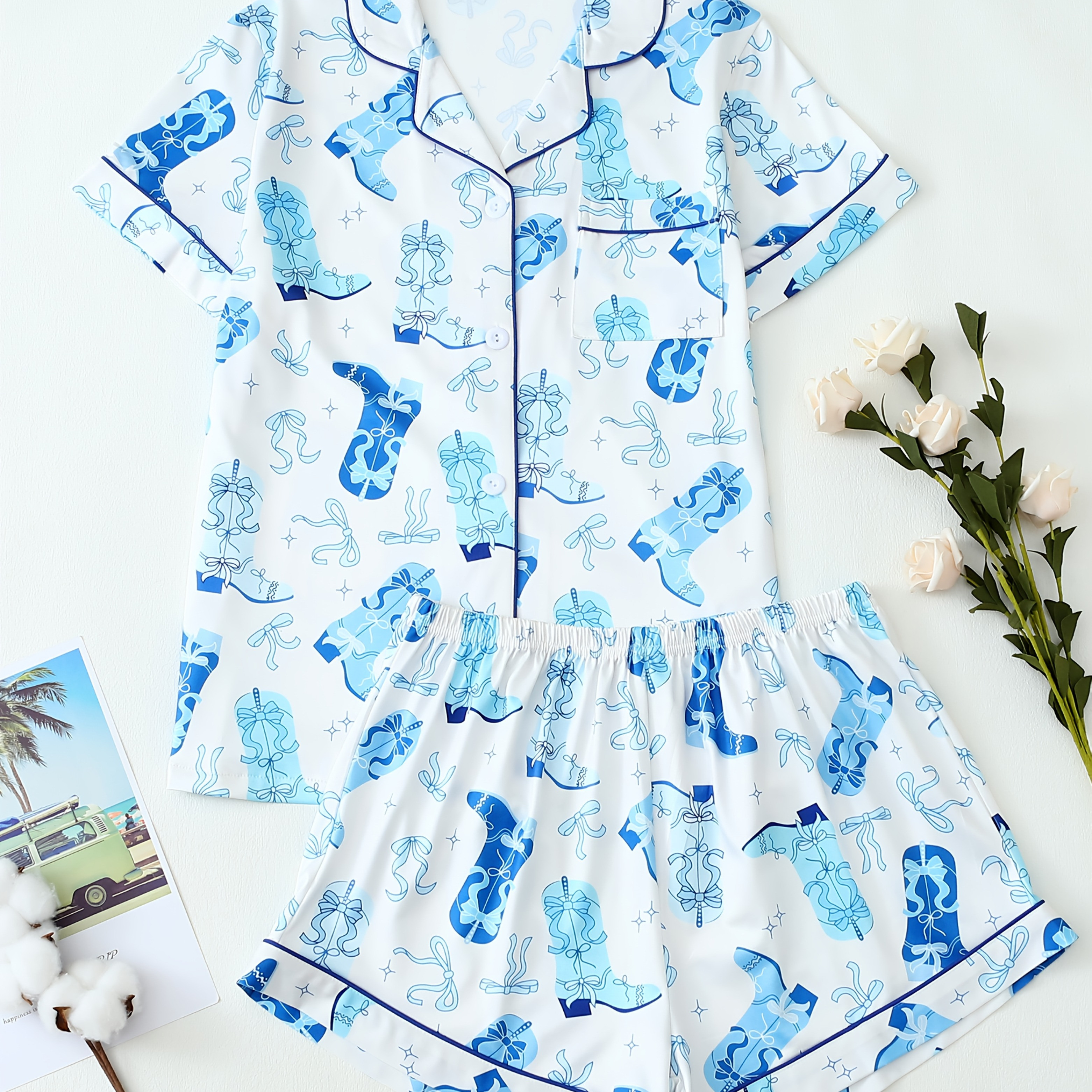 

Women's Blue Cowboy Shoes Print Collar Short Sleeve Shorts Casual Pajama Set