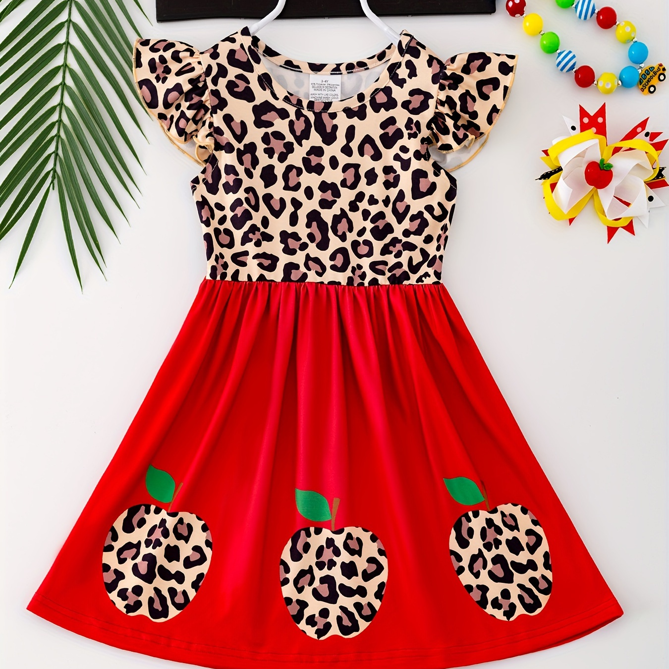 

Girls Chic Dress 2024 Back-school Season Leopard & Fruit Print Frill Sleeve Casual Dresses