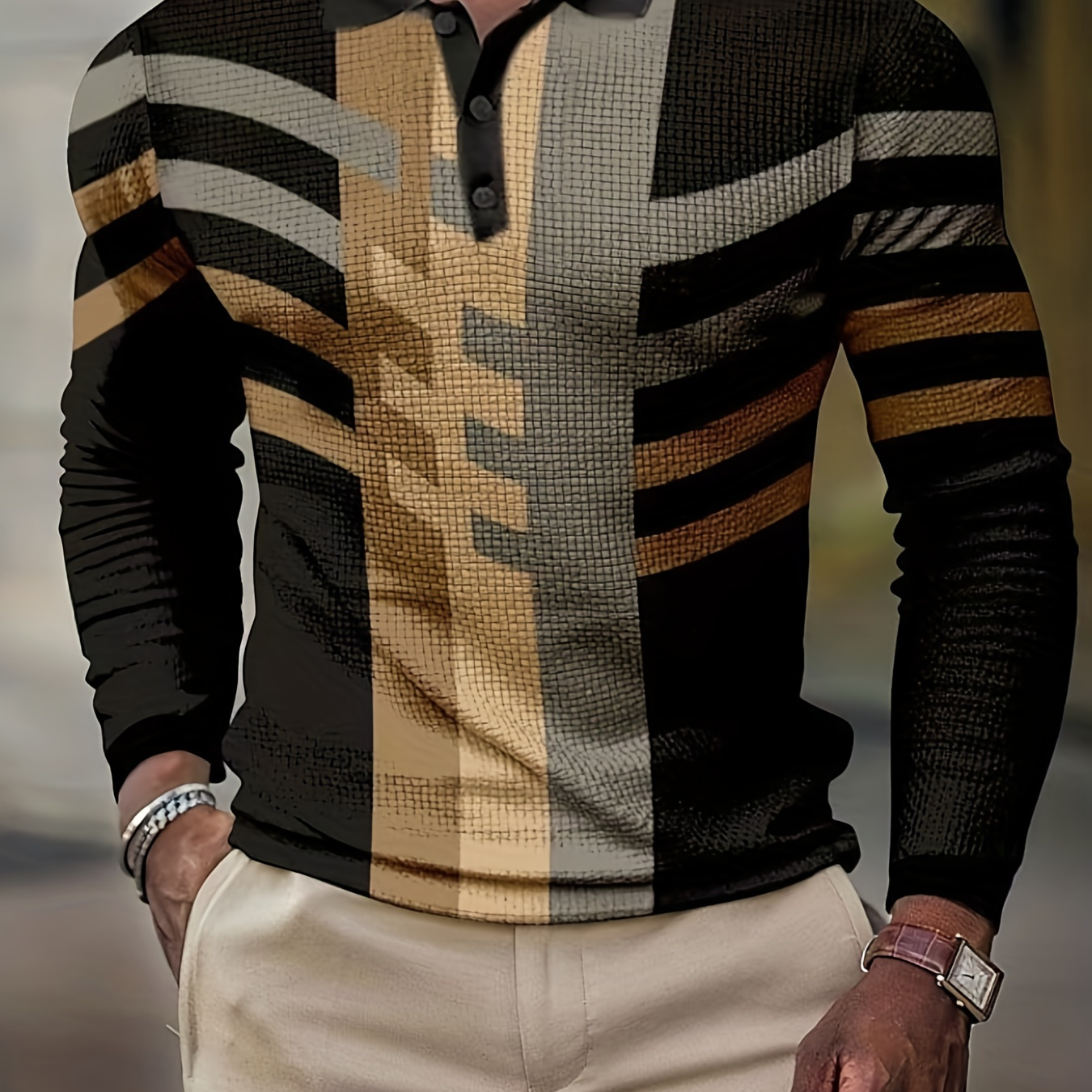 

Plus Size Men's Blocking Color Stripes Print Lapel Shirt For Spring/autumn, Oversized Long Sleeve Golf Shirt For Males, Men's Clothing
