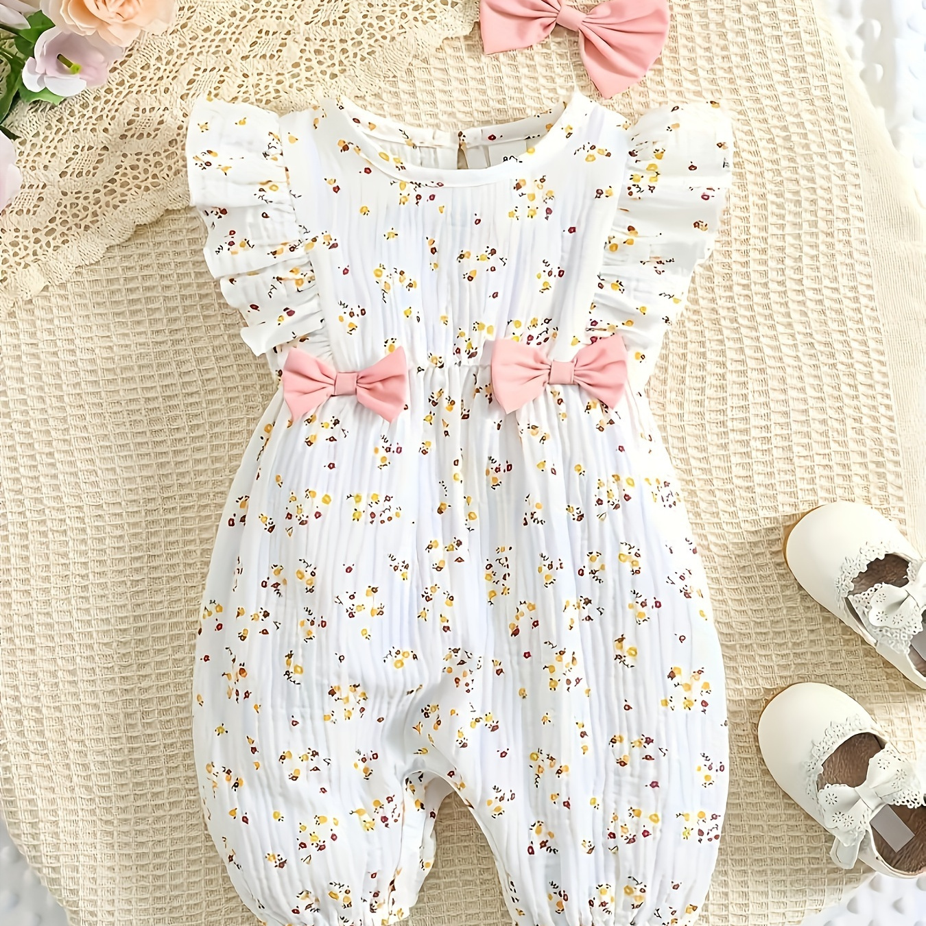 

Baby's Bowknot Decor Floral Pattern Bodysuit, Casual Cap Sleeve Romper, Toddler & Infant Girl's Onesie For Summer, As Gift