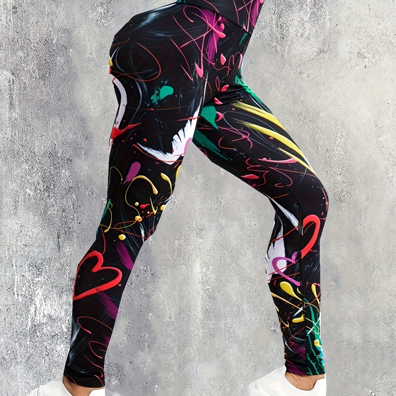 

1pc Women's High Waist Yoga Leggings, Polyester & Elastane , High Stretch, Knit Fabric, Abstract Print, With Cropped Style For All -