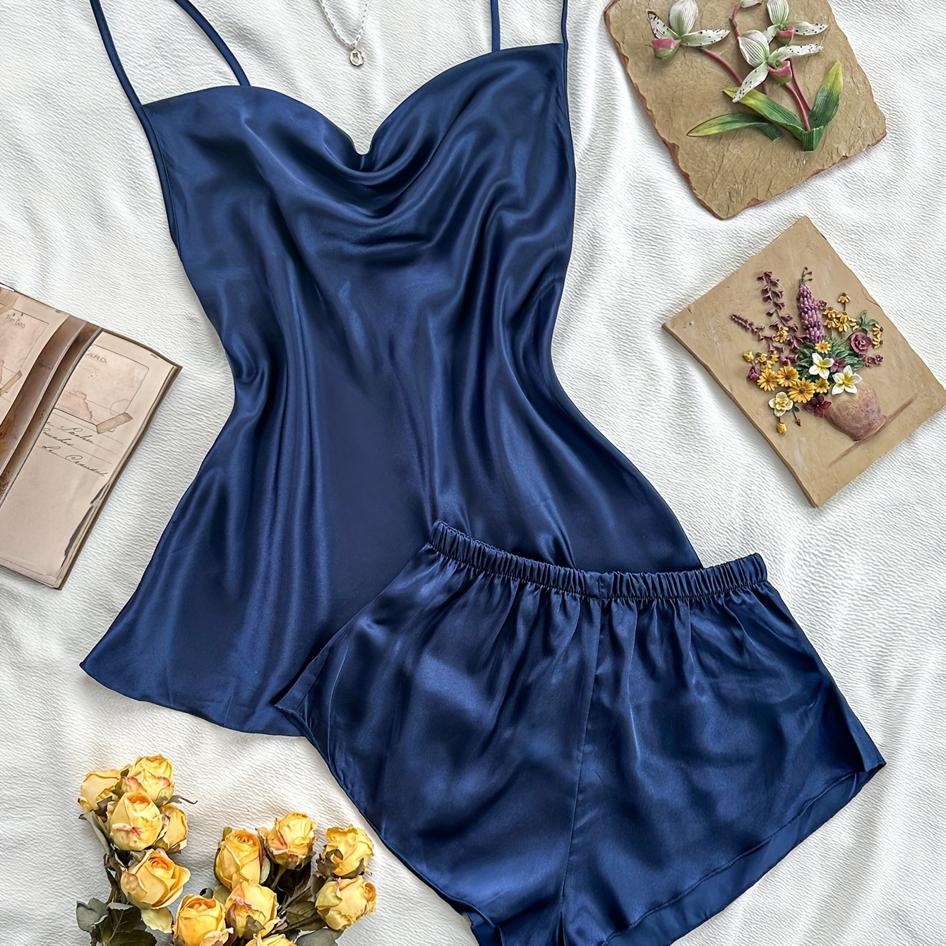 

Women's Sexy Solid Satin Pajama Set, Turtleneck Backless Cami Top & Shorts, Comfortable Relaxed Fit, Summer Nightwear