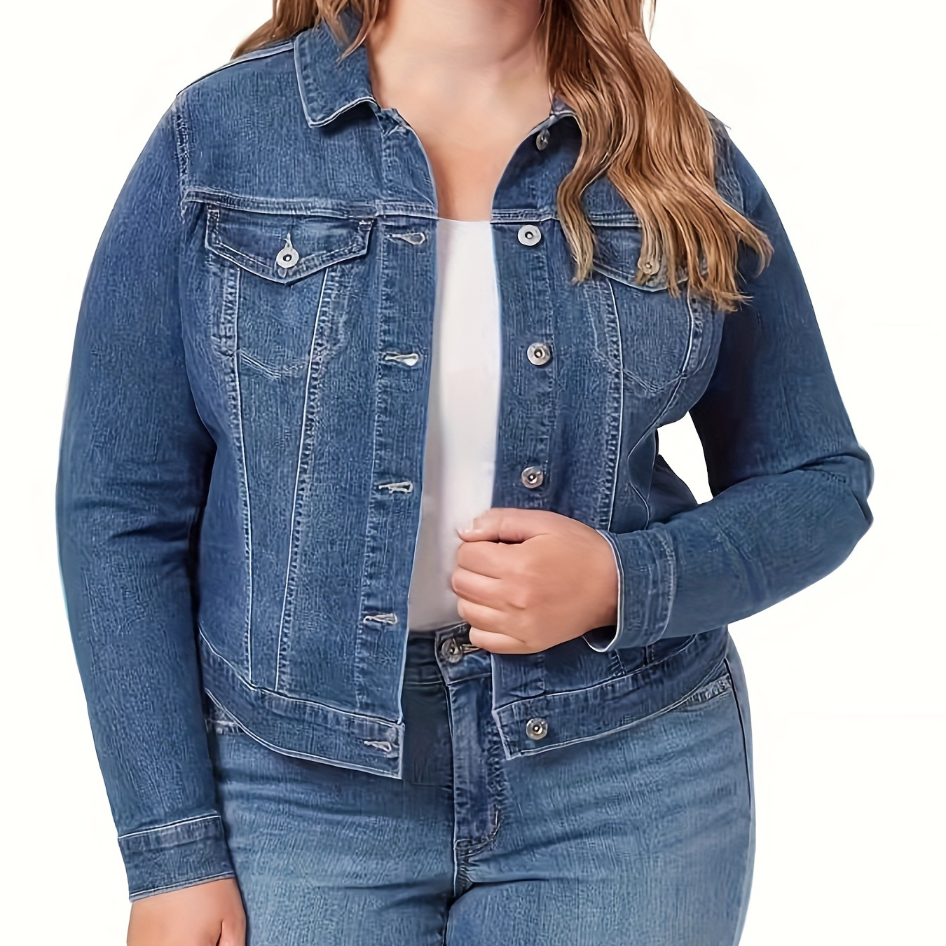 

Plus Size Women's Classic Denim Jacket - Vintage Wash, Long Sleeve, Breathable , Fit With Pockets, Machine Washable - Ideal For Casual To Semi-formal