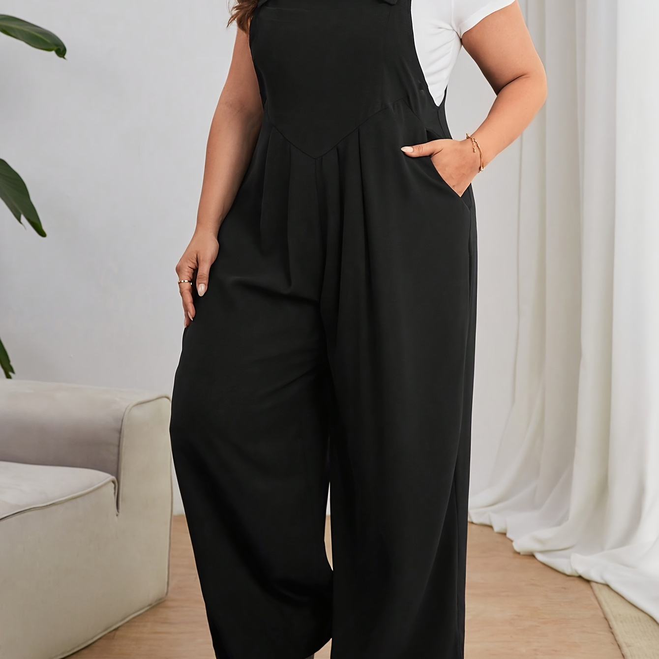 

1pc Plus Size Wide Leg Jumpsuit, Polyester Fabric, Solid Color, Non-stretch, Sleeveless With Pockets, All