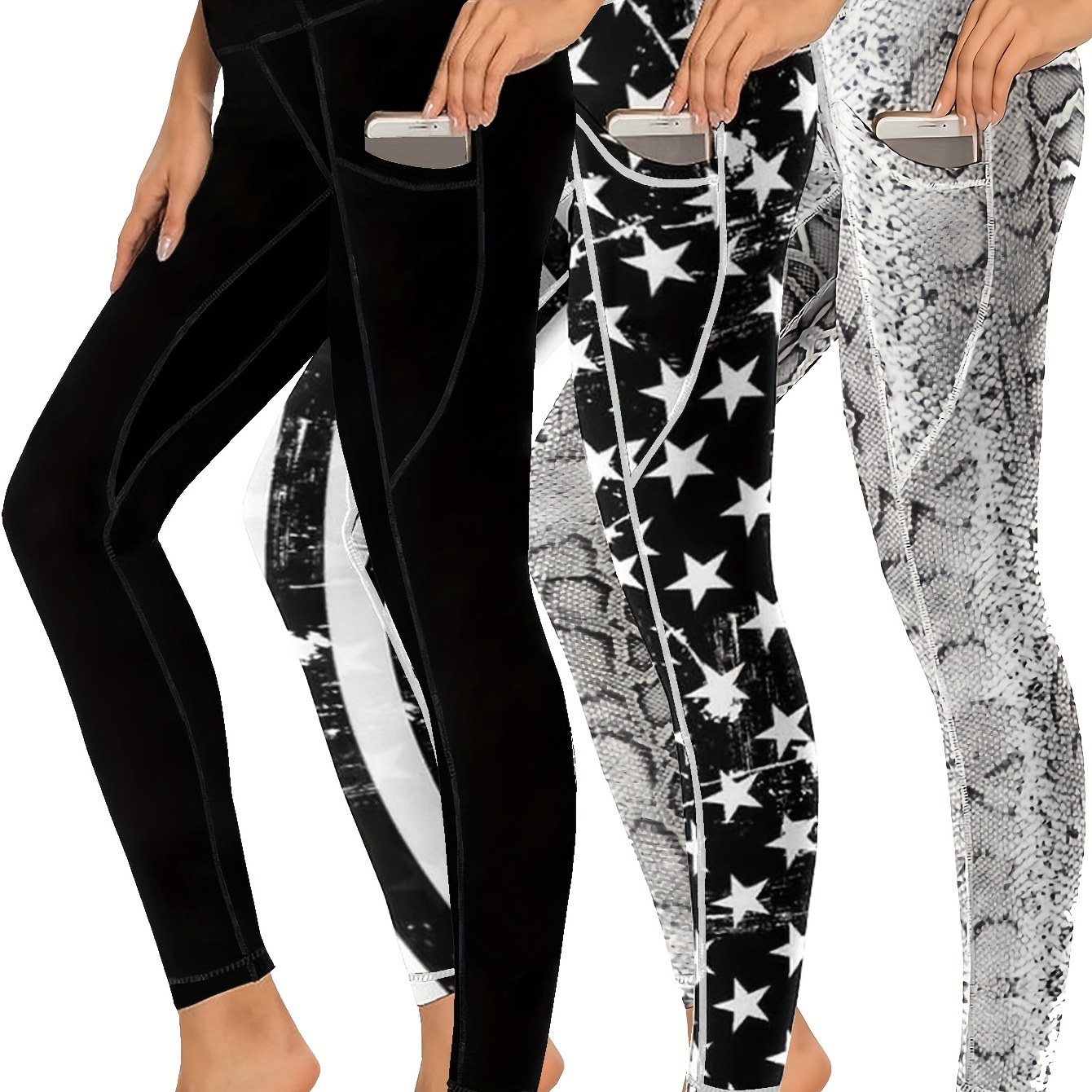 3 Pack Plus Size Sports Leggings Set, Women's Plus Star & Snake Skin Print High Waisted Tummy Control Running Yoga Pants With Phone Pockets 3pcs Set