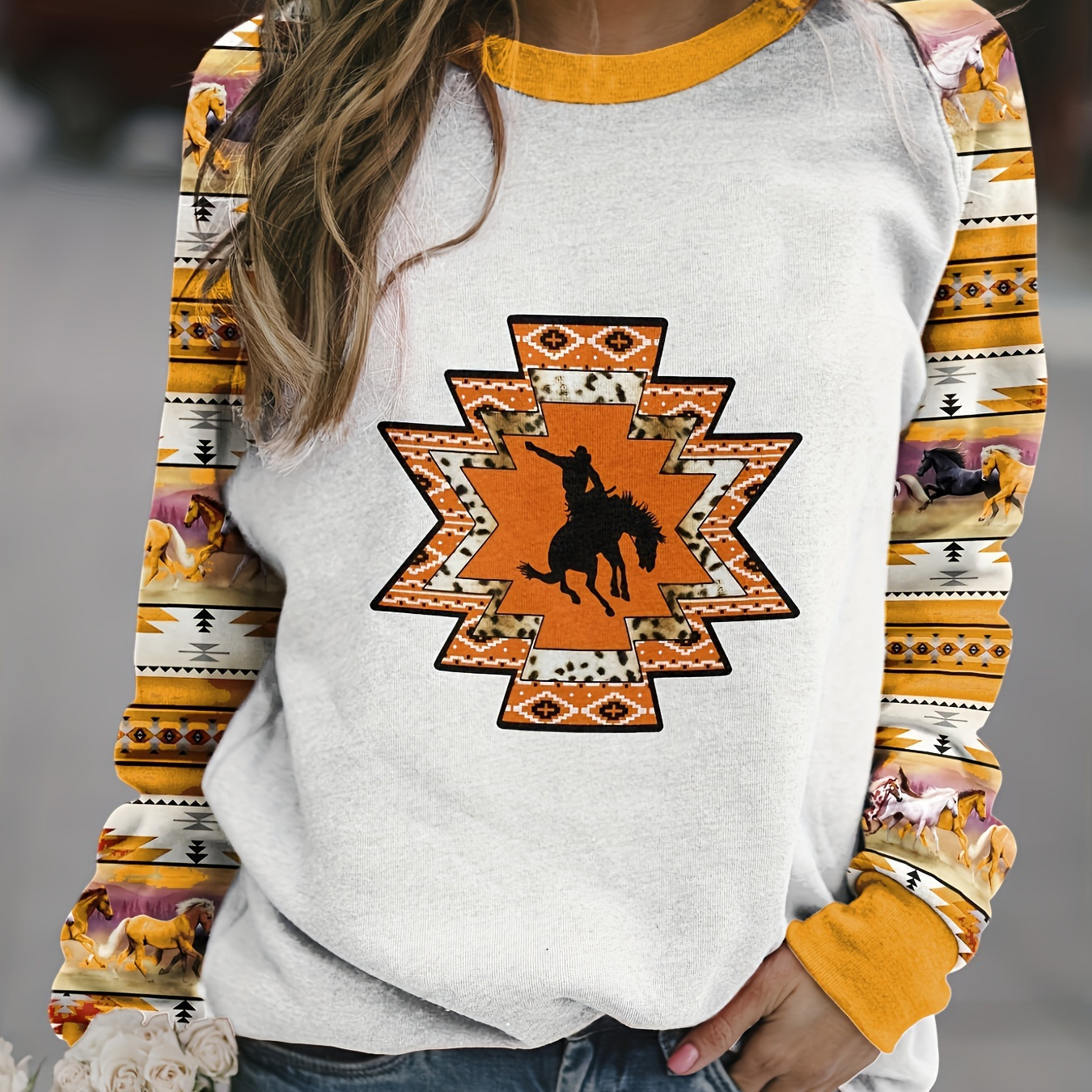 MAIISO Haut à Manches Longues imprimé de Style Ethnique pour Femmes  Sweat-Shirt à Motif rétro Occidental aztèque T-Shirt à col Rond Pull léger  et décontracté : : Mode