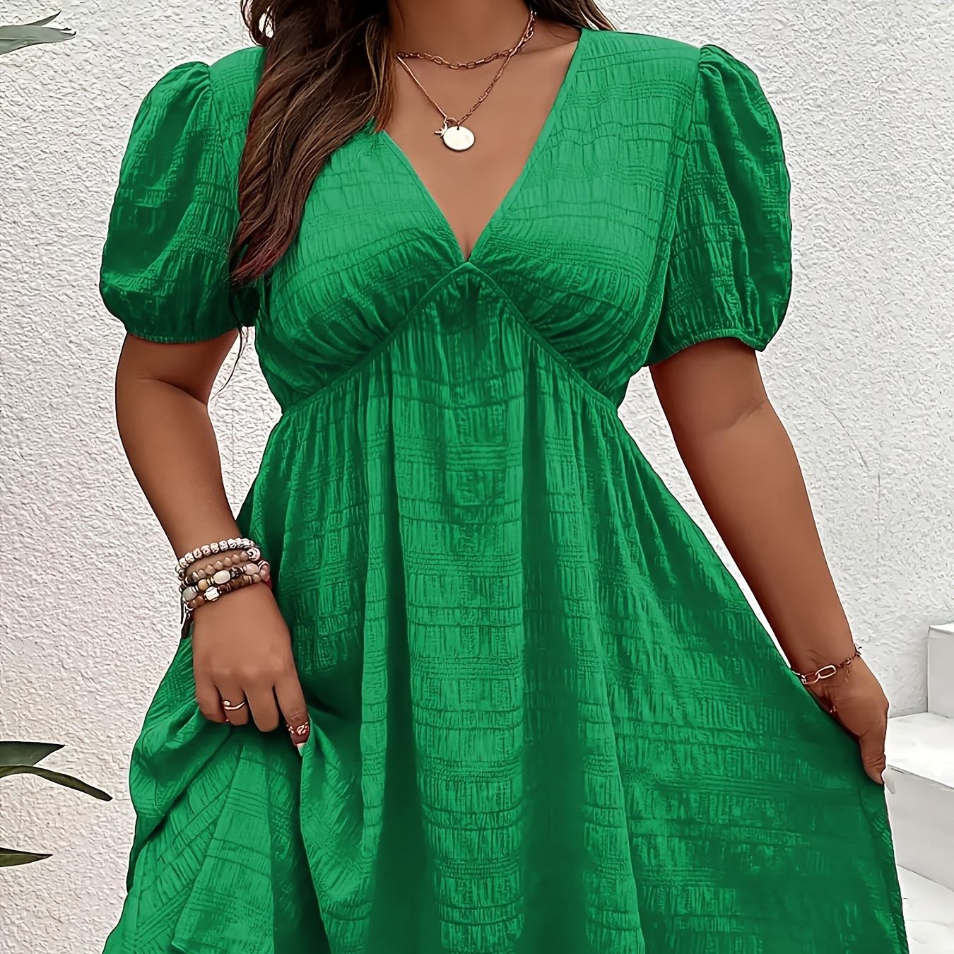 

Plus Size Solid Color Cinched Waist Dress, Elegant Puff Sleeve V Neck Dress For Spring & Summer, Women's Plus Size Clothing
