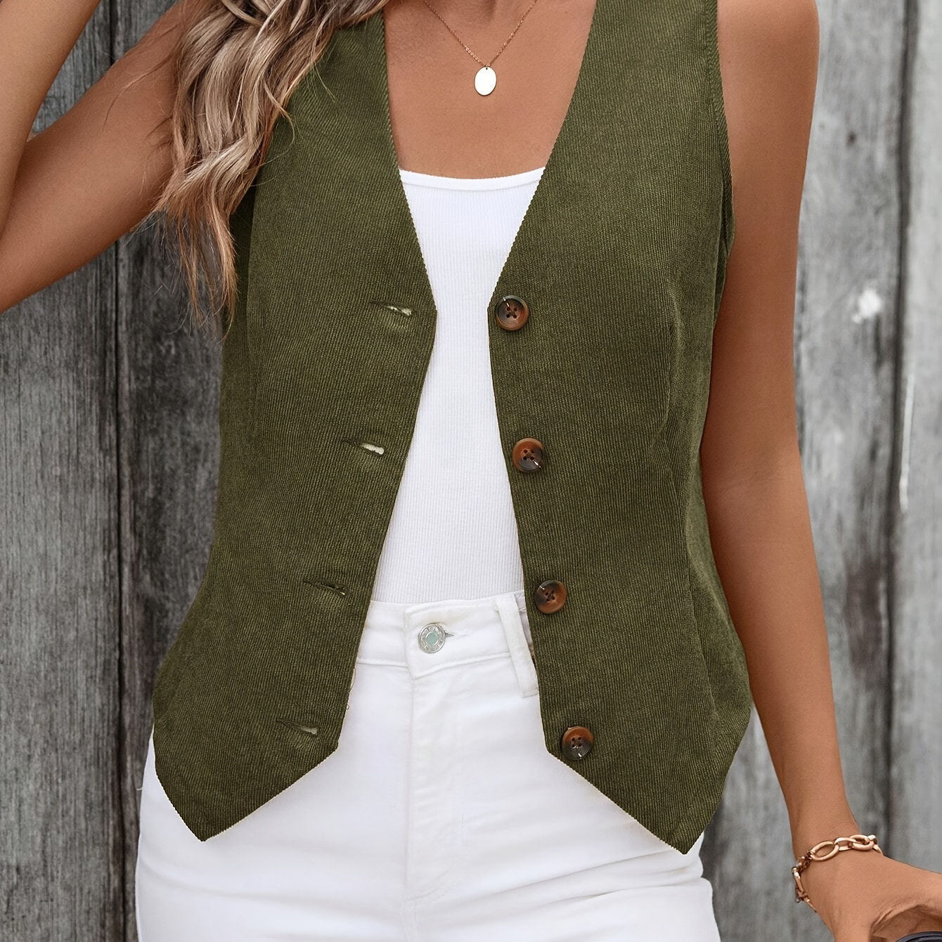 

Women's Elegant Corduroy Vest Jacket - Sleeveless Button-up With V-neck, Olive Green, Machine Washable, Spring/summer/fall