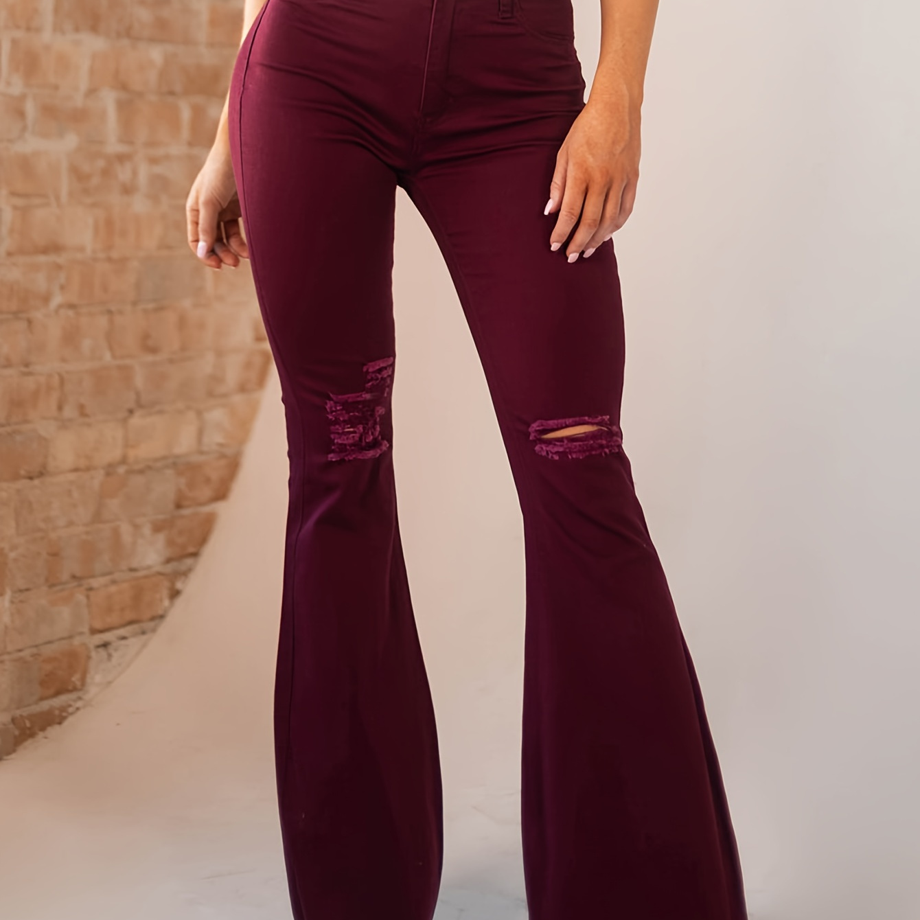 

Burgundy Ripped Holes Bell Bottom Jeans, Mid-waisted Trim Loose Stretchy Flare Jeans, Women's Denim Jeans & Clothing