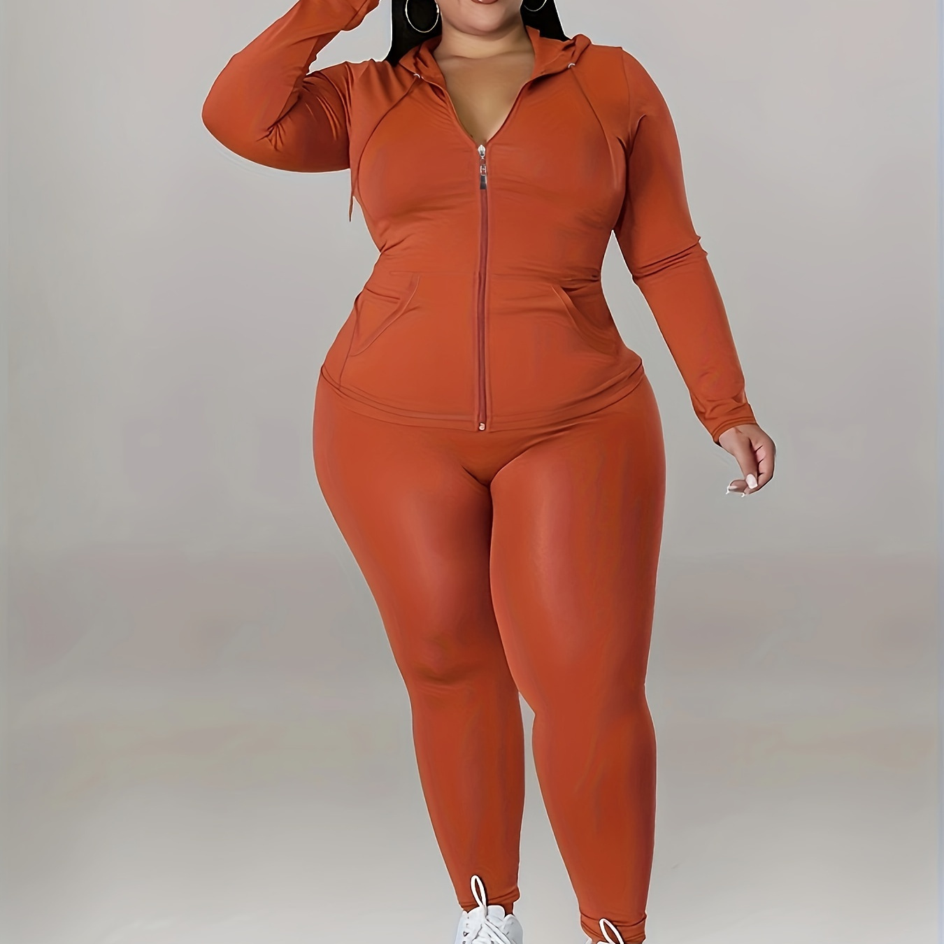 Plus Size Solid Zip Up Drawstring Hoodie Coat & Pants Set, Women's Plus Medium Stretch Sportswear 2pcs Set