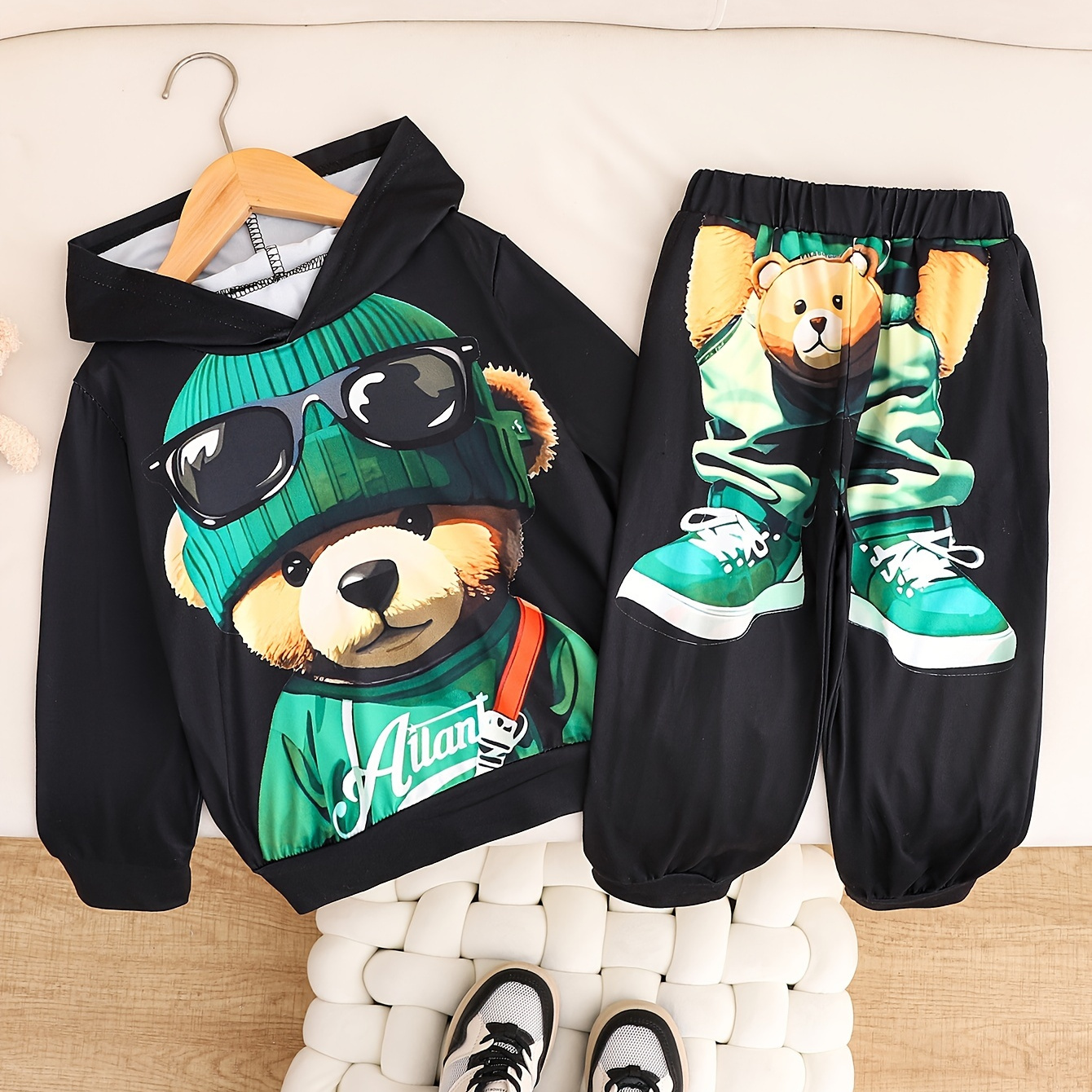 

Boys Two-piece Sweatsuit Set, Cool Bear Print Hoodie And Casual Pants, Boys Casual Co Ord Set