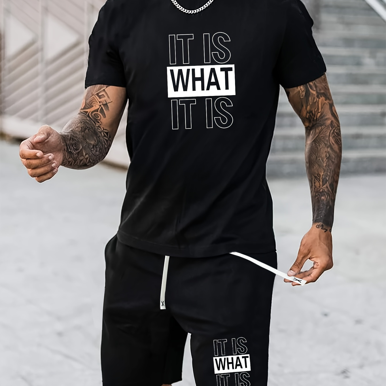

It Is What It Is Pattern Print Short Sleeve Round Neck T-shirt & Jogger Shorts Set, Summer 2pcs Comfy Outfits For Men