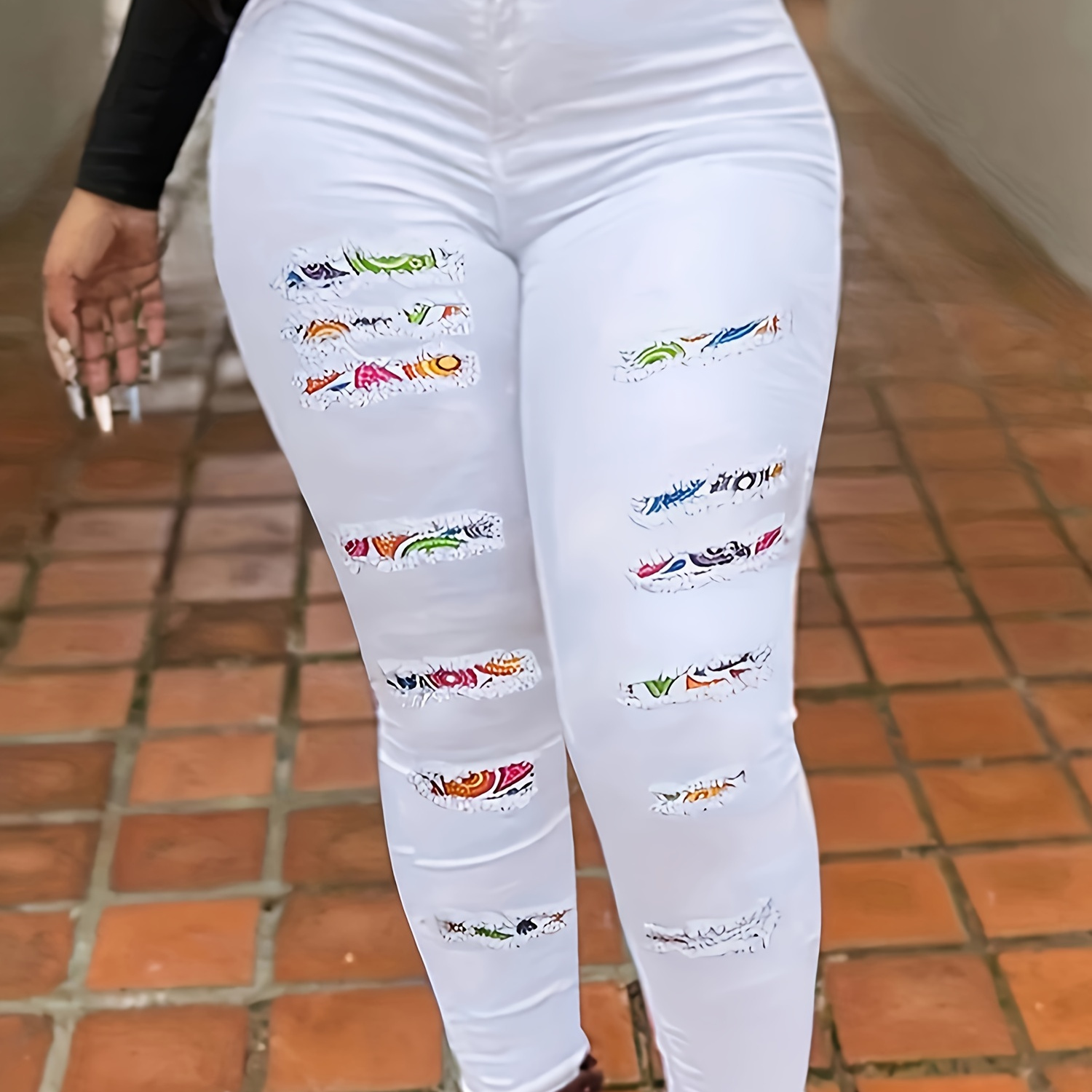 

Plus Size Skinny White Jeans For Women Printing Ripped Patchwork Full Length Stretchy Denim Jeans Pants Full Length Pencil Denim Jeans Pants