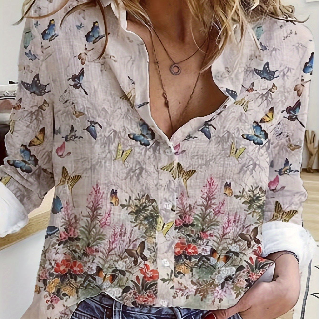 

Butterfly Print Button Up Shirt, Elegant Long Sleeve Collared Shirt, Women's Clothing