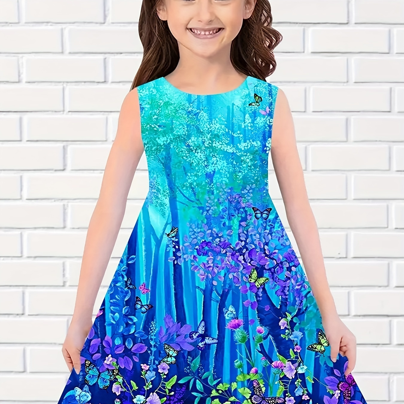 

Magic Forest & Butterfly Print Crew Neck Sleeveless Dress For Girls Summer Party Gift