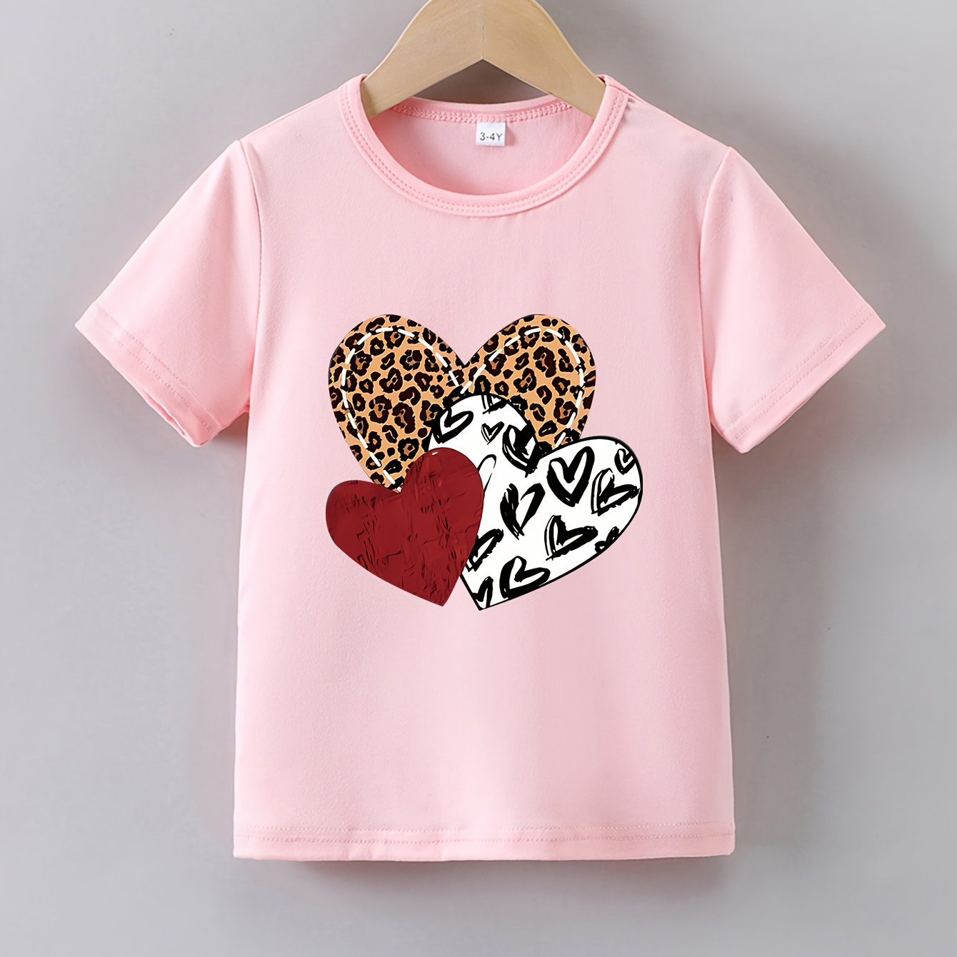 

Girls' Summer Short Sleeve "heart" Print T-shirt, Casual Polyester Crew Neck Tee, Knit Fabric With Stretch, Regular Fit Cartoon Pattern Top For Valentine's Day