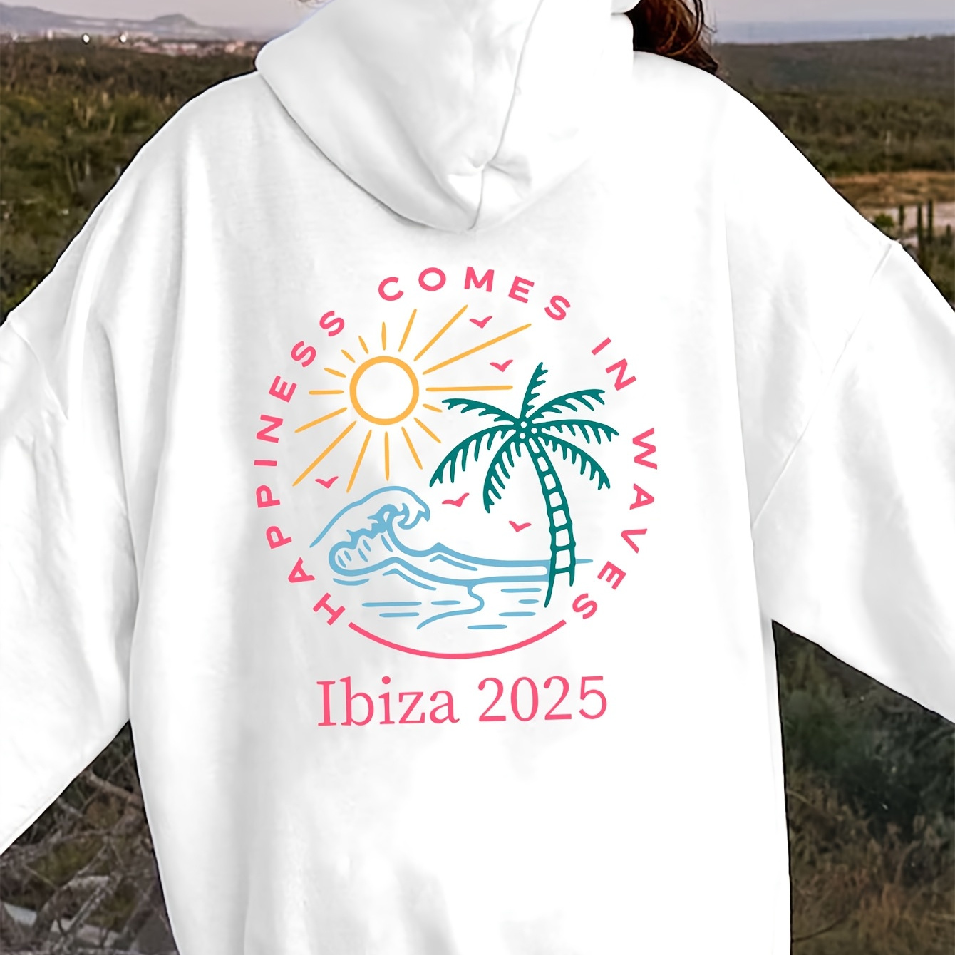 

Ibiza 2025 Graphic Hoodie - Casual Polyester Pullover With Pocket, Knit Fabric, Long Sleeve, Hooded Collar, Alphabet Pattern, For Fall/winter