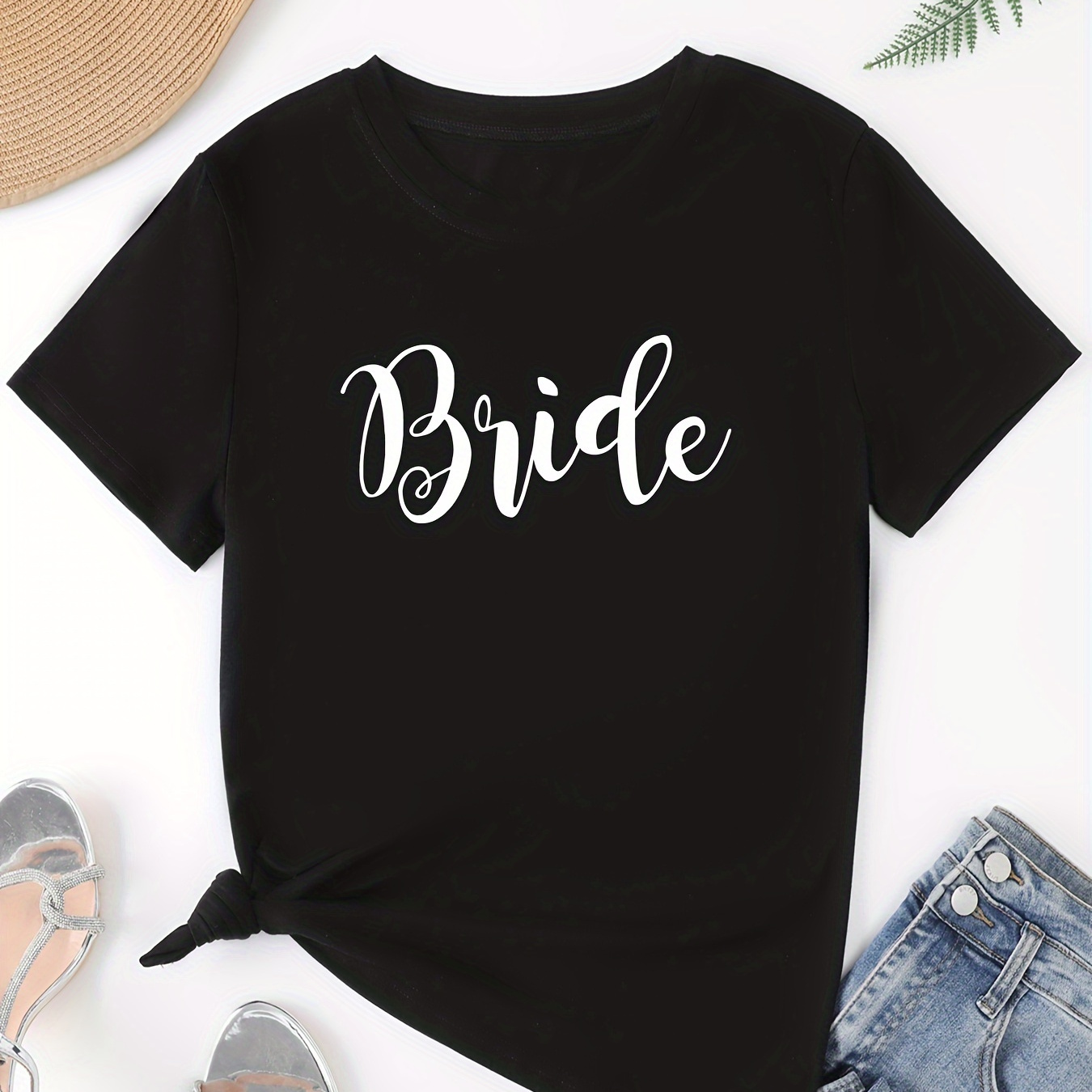 

Bride Letter Print Crew Neck T-shirt, Casual Short Sleeve Top For Summer & Spring, Women's Clothing