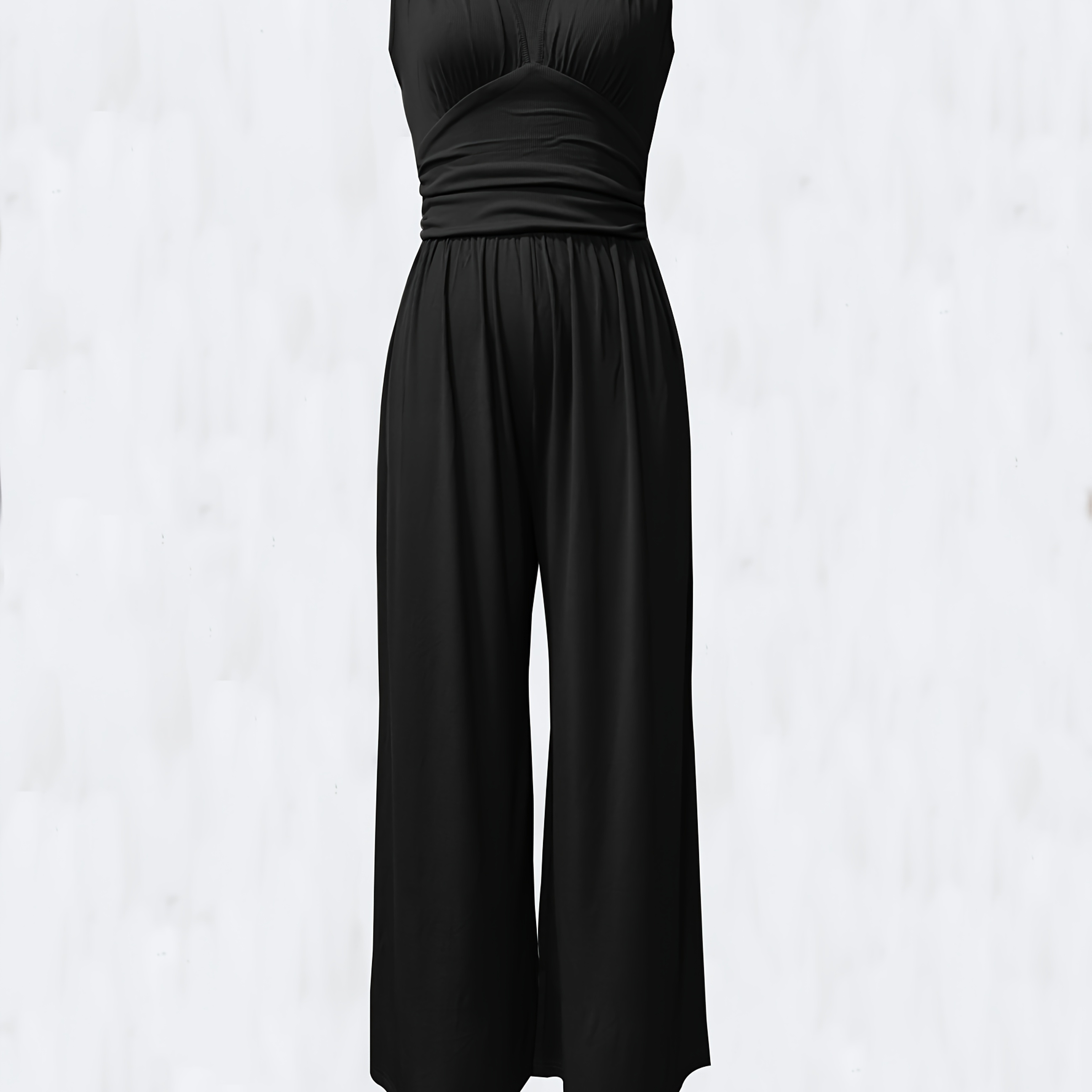 

Ruched Deep V Neck Jumpsuit, Elegant Sleeveless Wide Leg Jumpsuit For , Women's Clothing