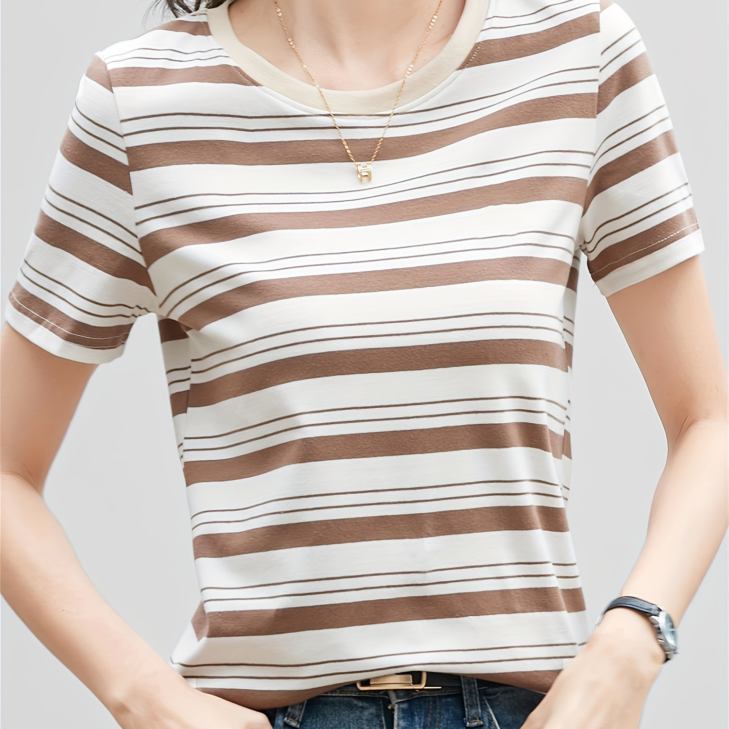 

Striped Print Crew Neck T-shirt, Casual Short Sleeve T-shirt For Spring & Summer, Women's Clothing