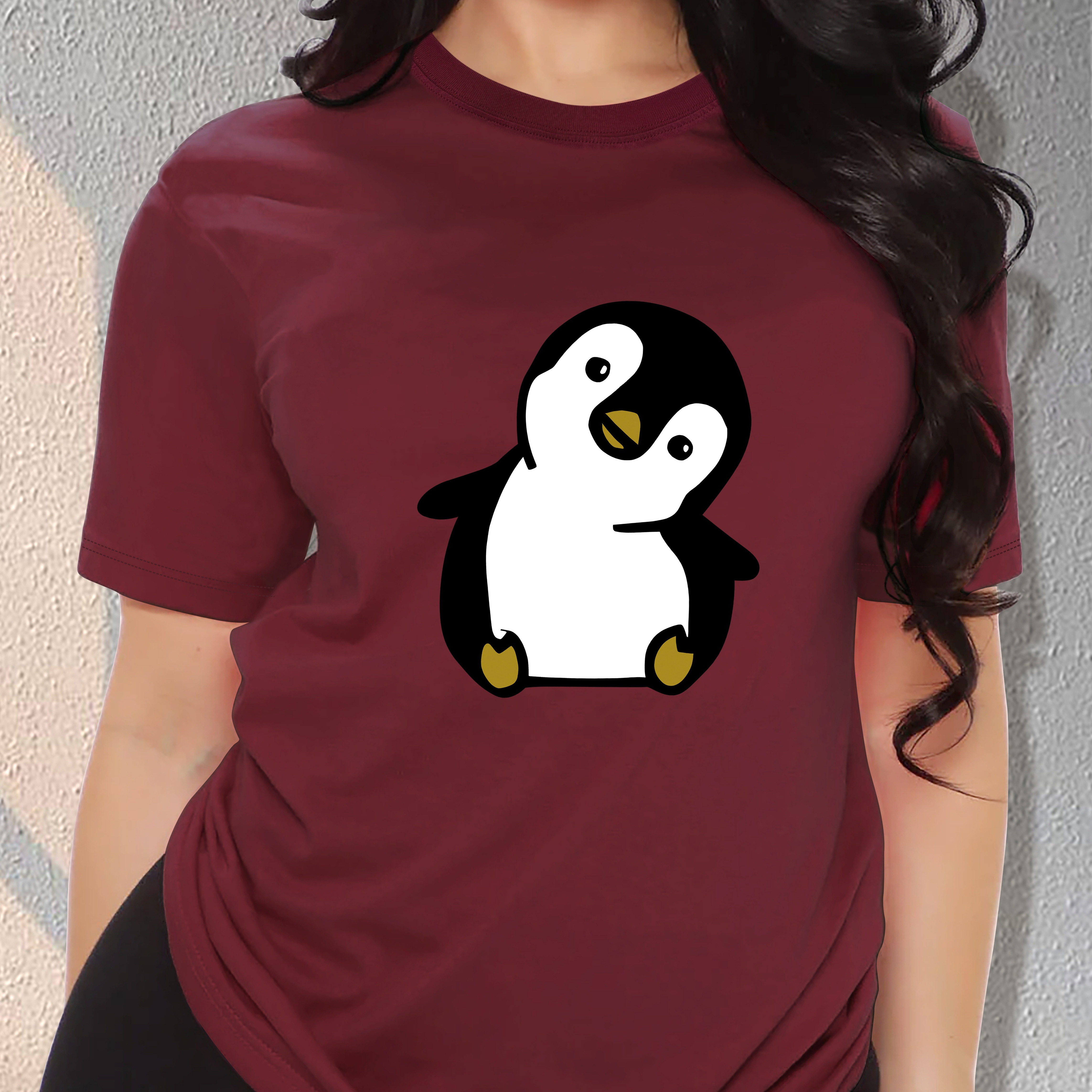 

Cute Cartoon Penguin Print Women's T-shirt - 100% Cotton Casual Crew Neck Tee With Slight Stretch, Knit Fabric, All Season Wear