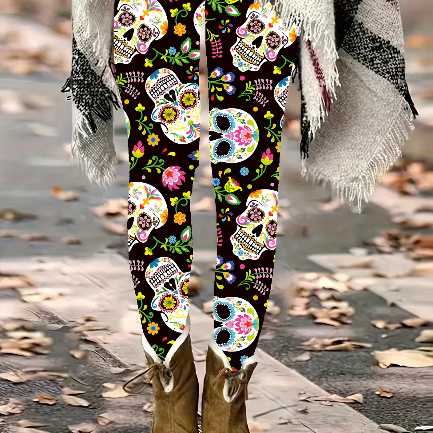 

Plus Size Skull Print Skinny Leggings, Casual Stretchy Leggings, Women's Plus Size Clothing