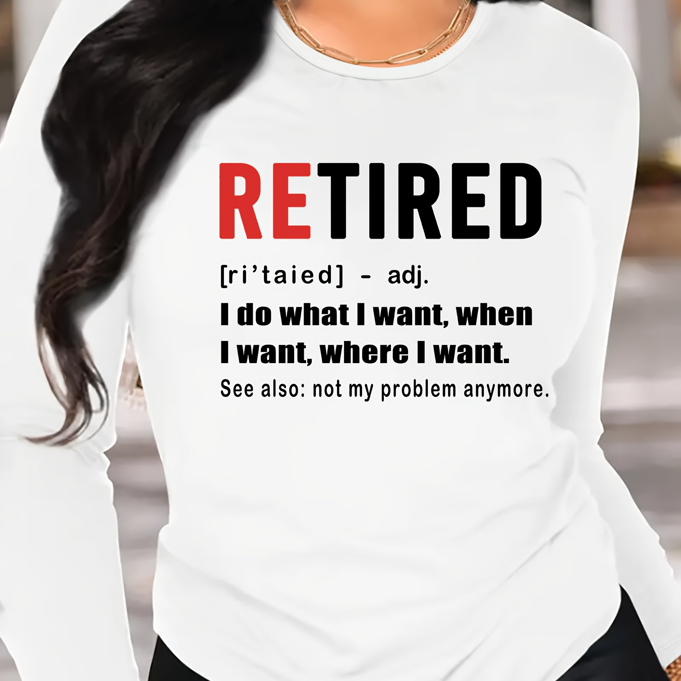 

Retired Long Sleeve Crew Neck T-shirt - 100% Polyester, , Medium Stretch Knit Fabric, Cartoon Print Top