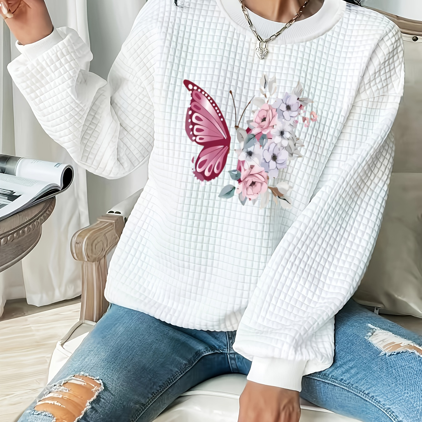 

Plus Size Butterfly Print Pullover Sweatshirt, Casual Waffle Knit Long Sleeve Crew Neck Sweatshirt For Fall & Spring, Women's Plus Size Clothing