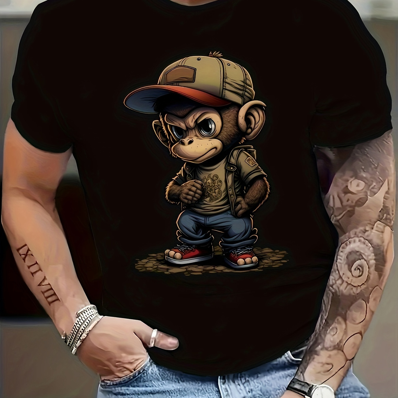 

Monkey Graphic Print T-shirt Men's Casual Style Summer And Autumn Slightly Elastic Round Neck T-shirt