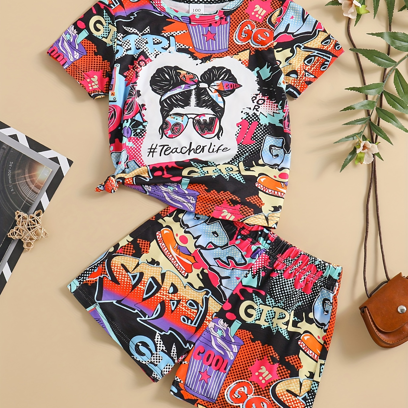 

Chic Back-school Graffiti Pattern 2pcs Girls Casual Short Sleeve Graphic Tee & Shorts Set Cute Summer Outfit