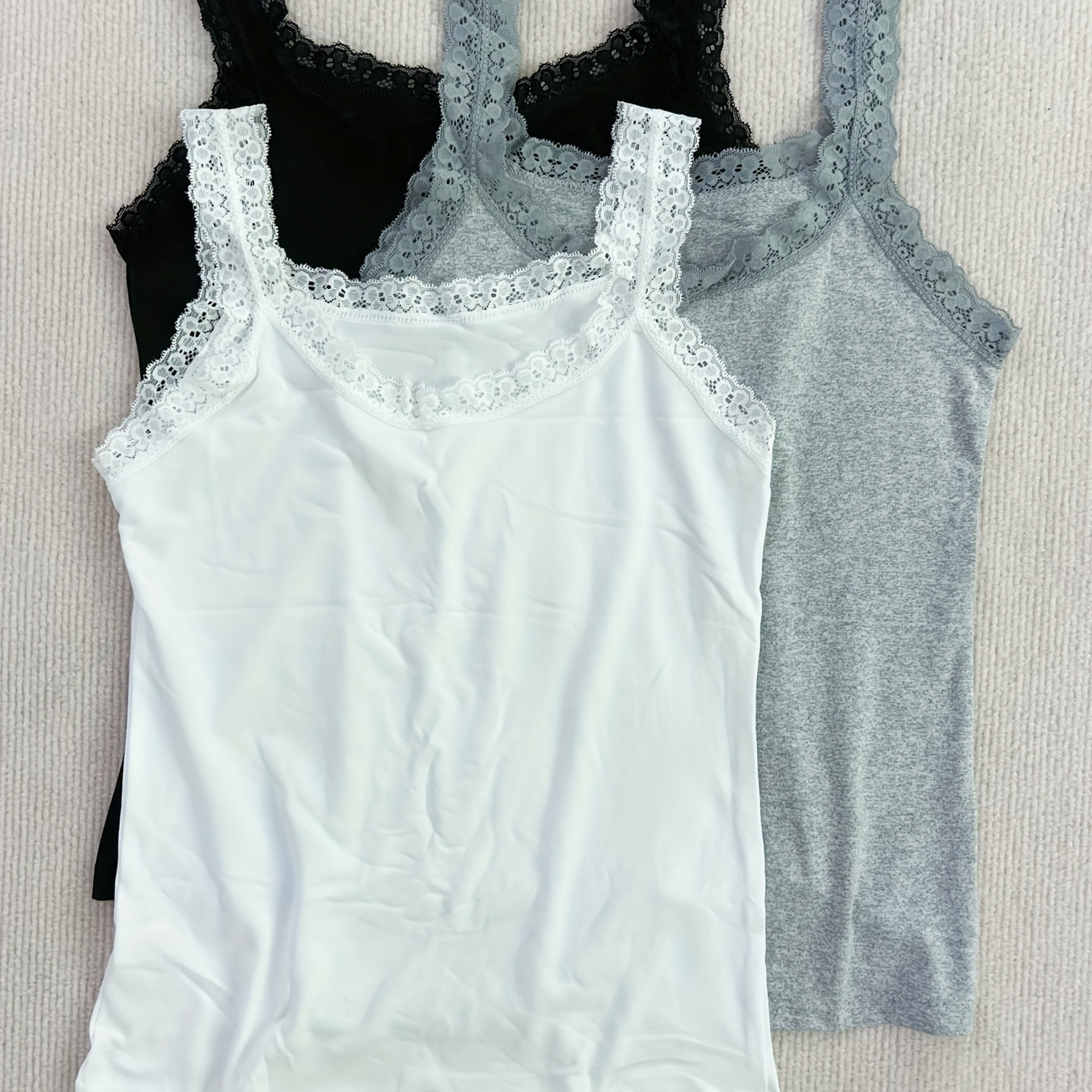 

3pcs Plus Size Women's Tank Tops - Sleeveless Lace Trim, Casual & Comfy Layering Pieces For All