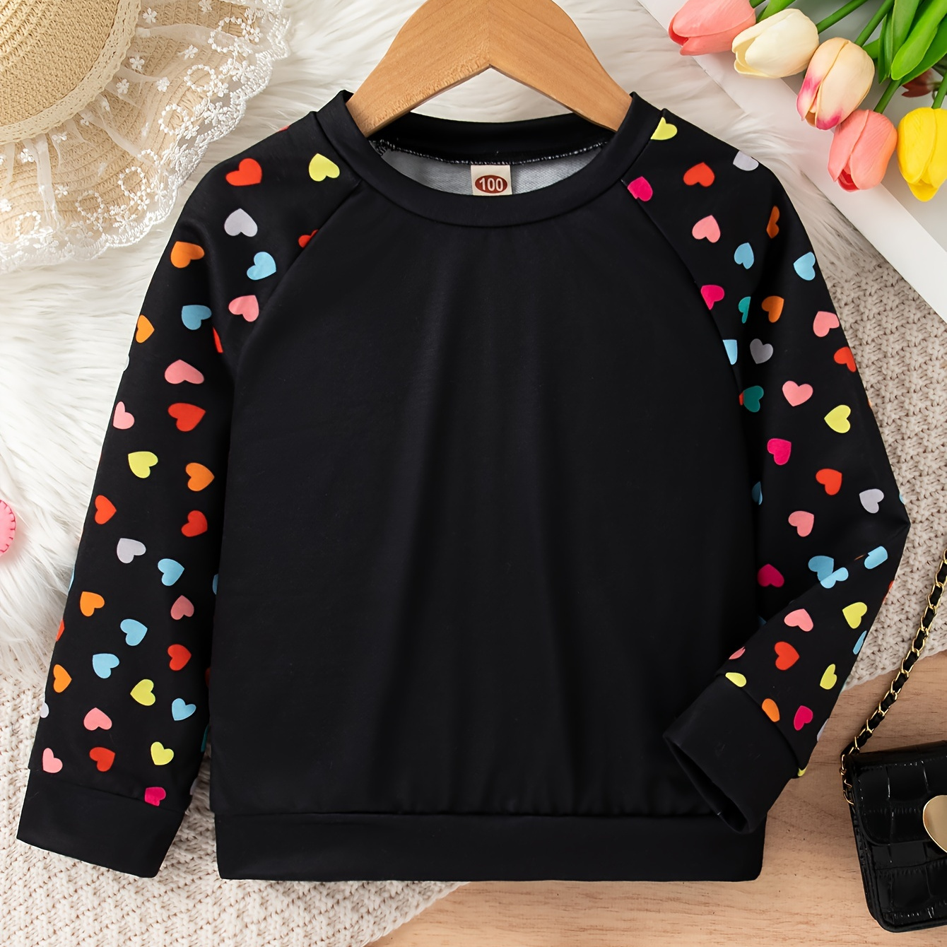 

Colorful Hearts Graphic Print, Girls Trendy & Casual Long Raglan Sleeve Sweatshirt For Fall & Winter, Girls Clothes