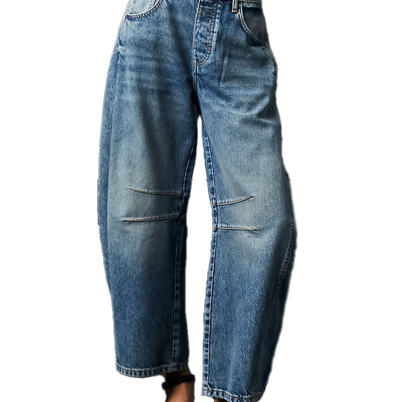 

Stitching Detail Loose Fit Barrel Washed Blue Stylish Jeans, Women's Denim Jeans & Clothing