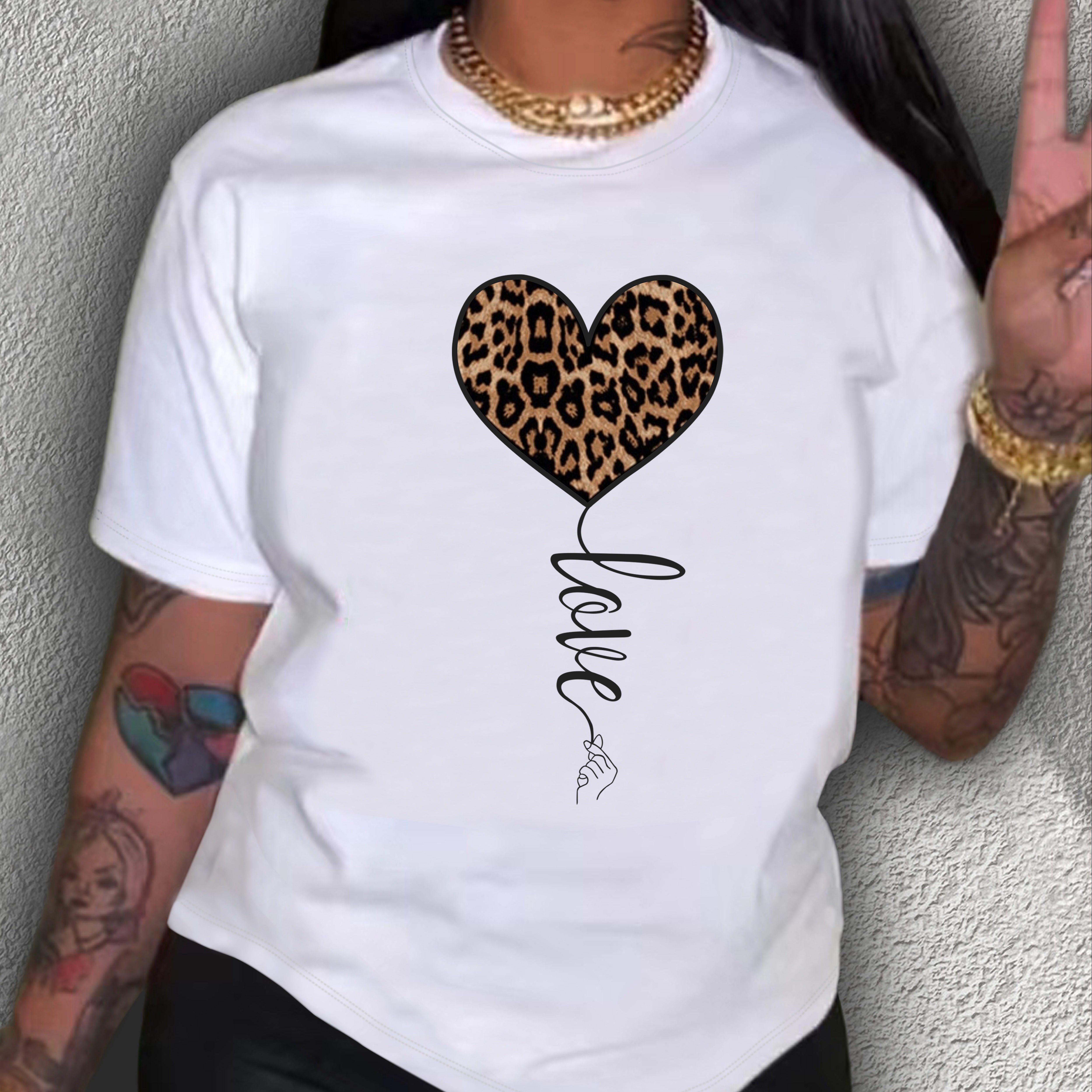 

T-shirt d'été imprimé avec amour pour les léopards, haut décontracté à manches courtes et col rond, vêtements pour femmes, Jour de la Saint-Valentin