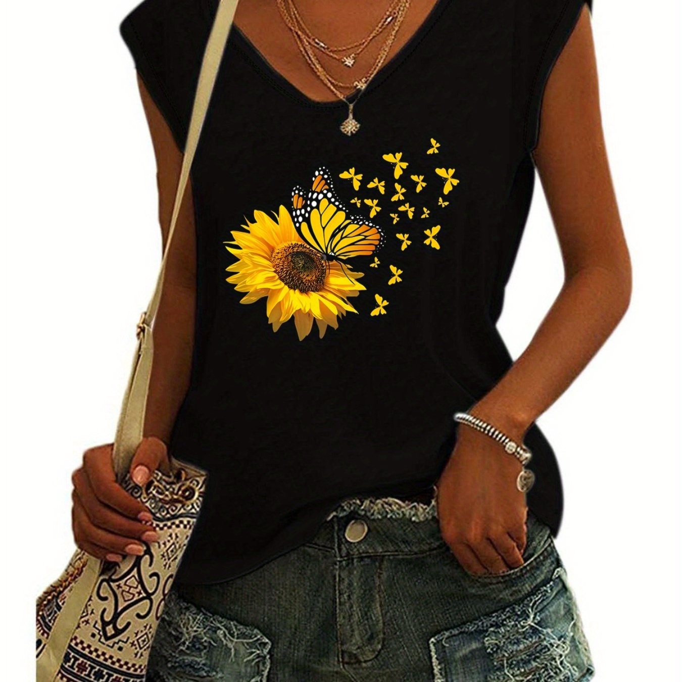 

Sunflower & Butterfly Print Tank Top, Sleeveless Casual Top For Summer & Spring, Women's Clothing