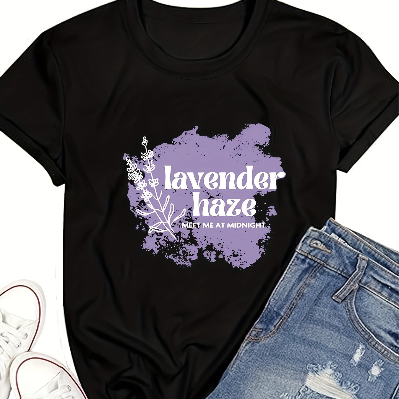 

Lavender Print T-shirt, Casual Crew Neck Short Sleeve Top For Spring & Summer, Women's Clothing