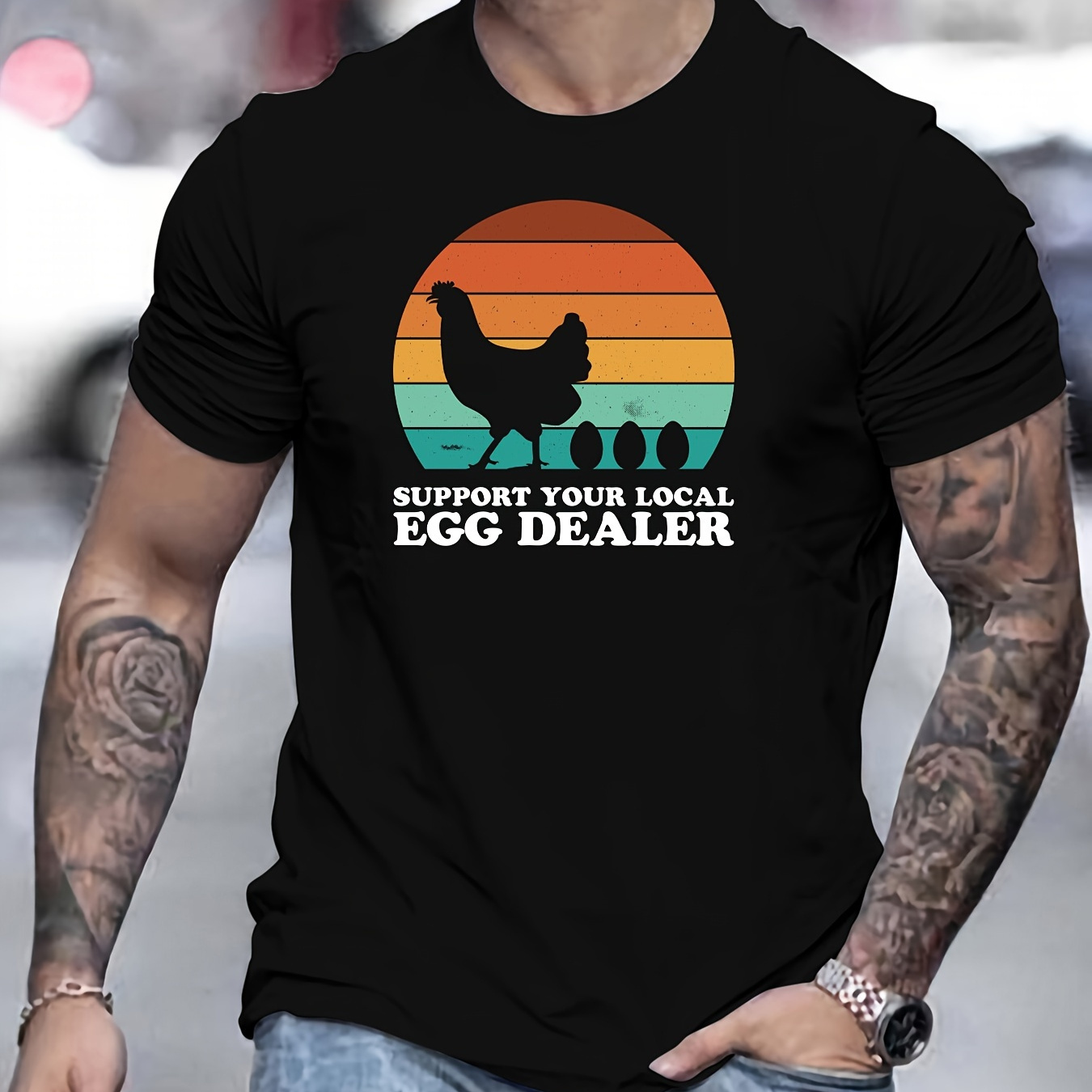 

Sunset Chicken Laying Eggs Silhouette Print Short Sleeve Tees For Men, Casual Crew Neck T-shirt, Comfortable Breathable T-shirt