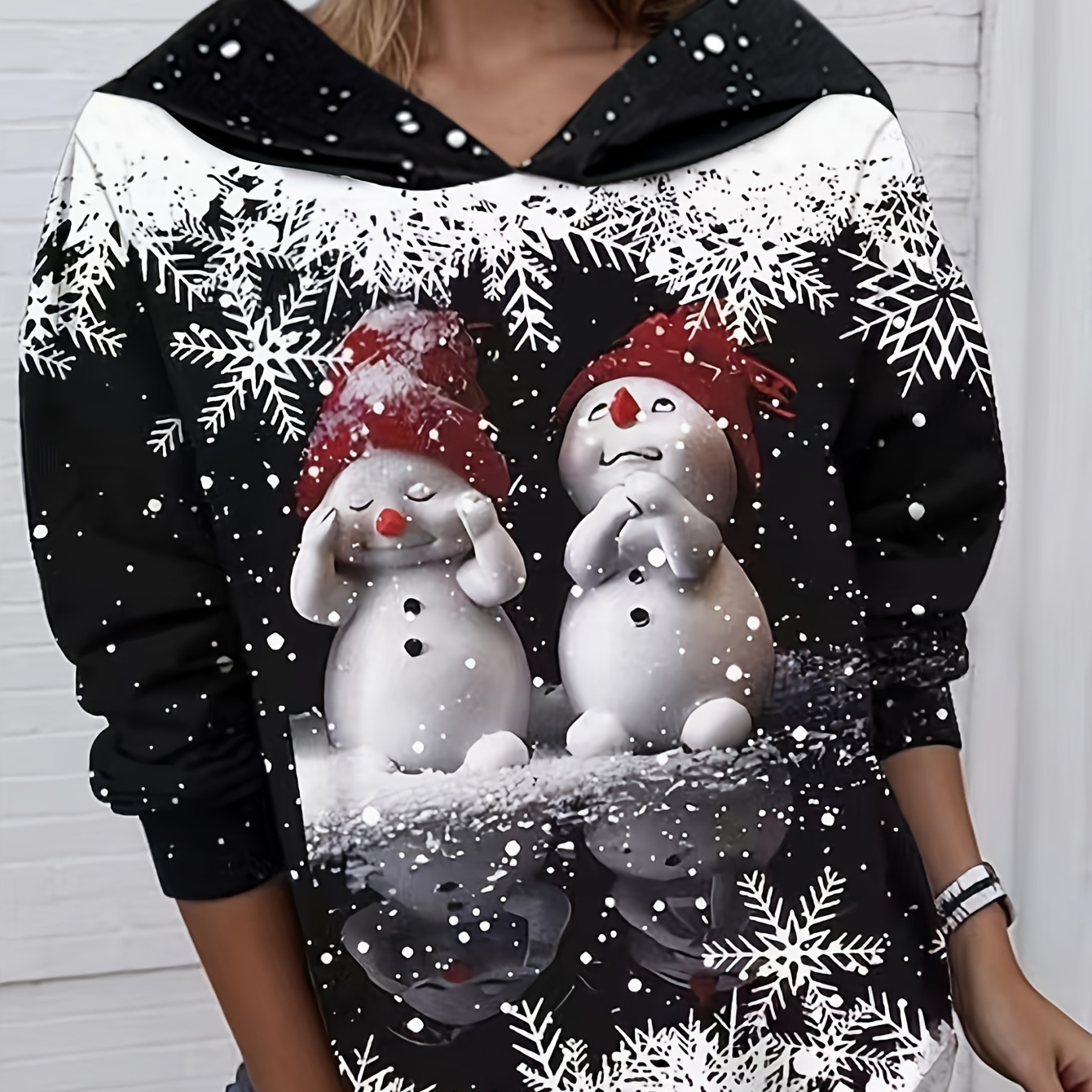 

Vintage Christmas Snowman Pattern Hoodie - Polyester Knit Fabric With Elastane, Hooded Winter Pullover With Festive Design, Fall/winter Collection