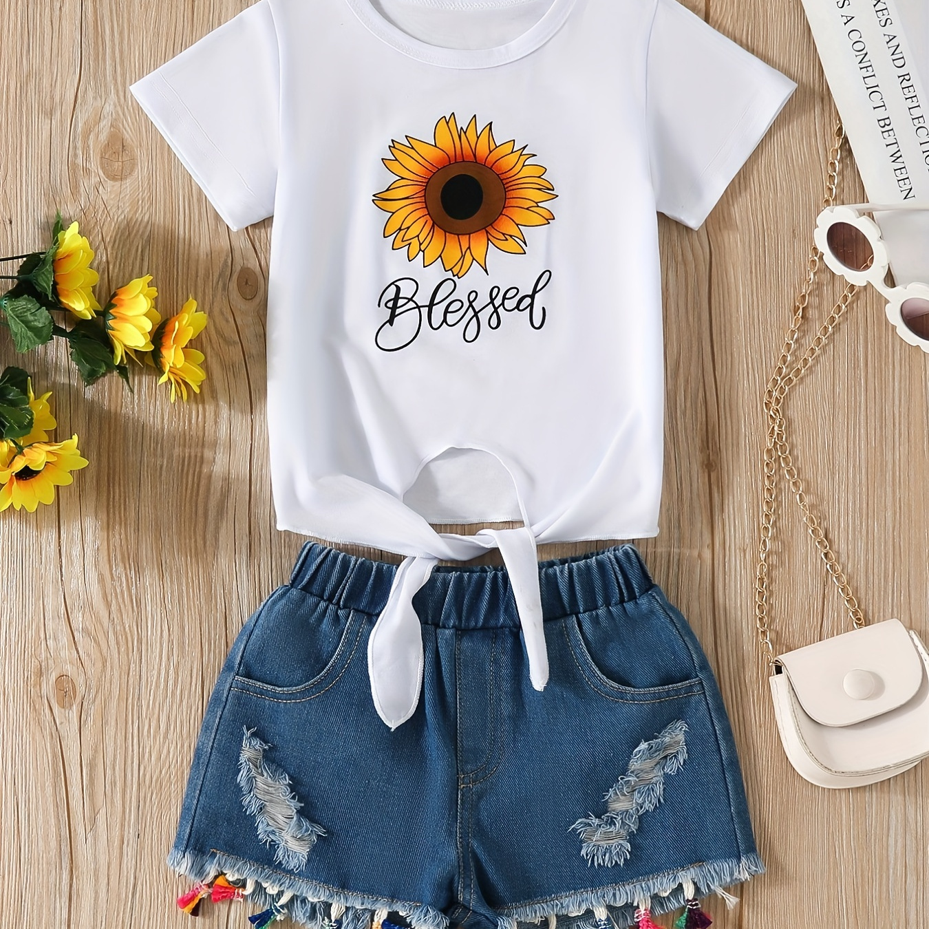 

2pcs Girls Casual Sunflower And Letter Graphic Print Short Sleeve T-shirt&denim Shorts Set, Comfy Summer Kids Clothing