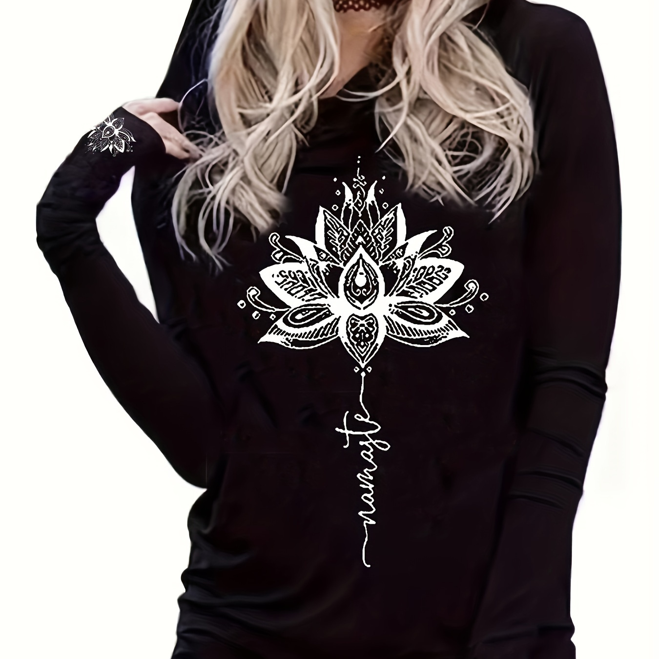 

Lotus Print Crew Neck Hooded T-shirt, Casual Long Sleeve T-shirt For Spring & Fall, Women's Clothing