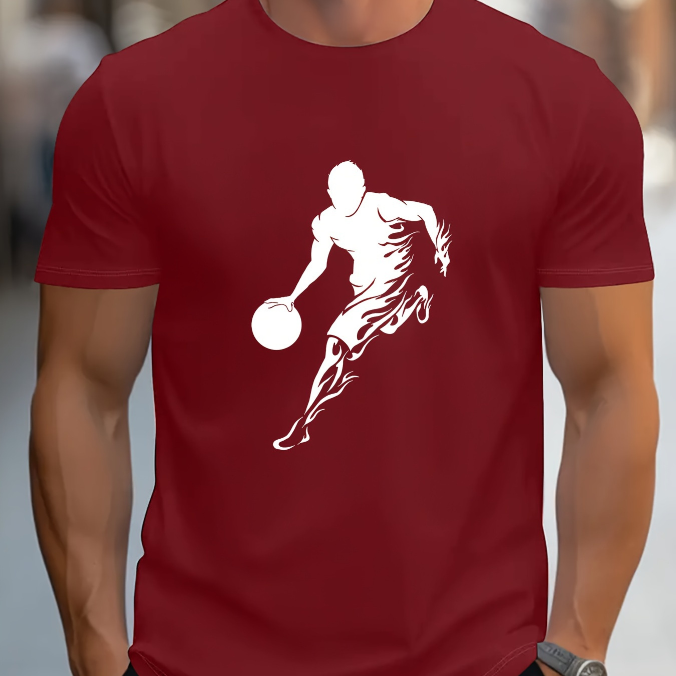 

Basketball Trendy Print Men's T-shirt, Comfortable Elastic Round Neck Tee, Ideal For Summer Outdoor Activities, Stylish Streetwear, Casual Top For Men