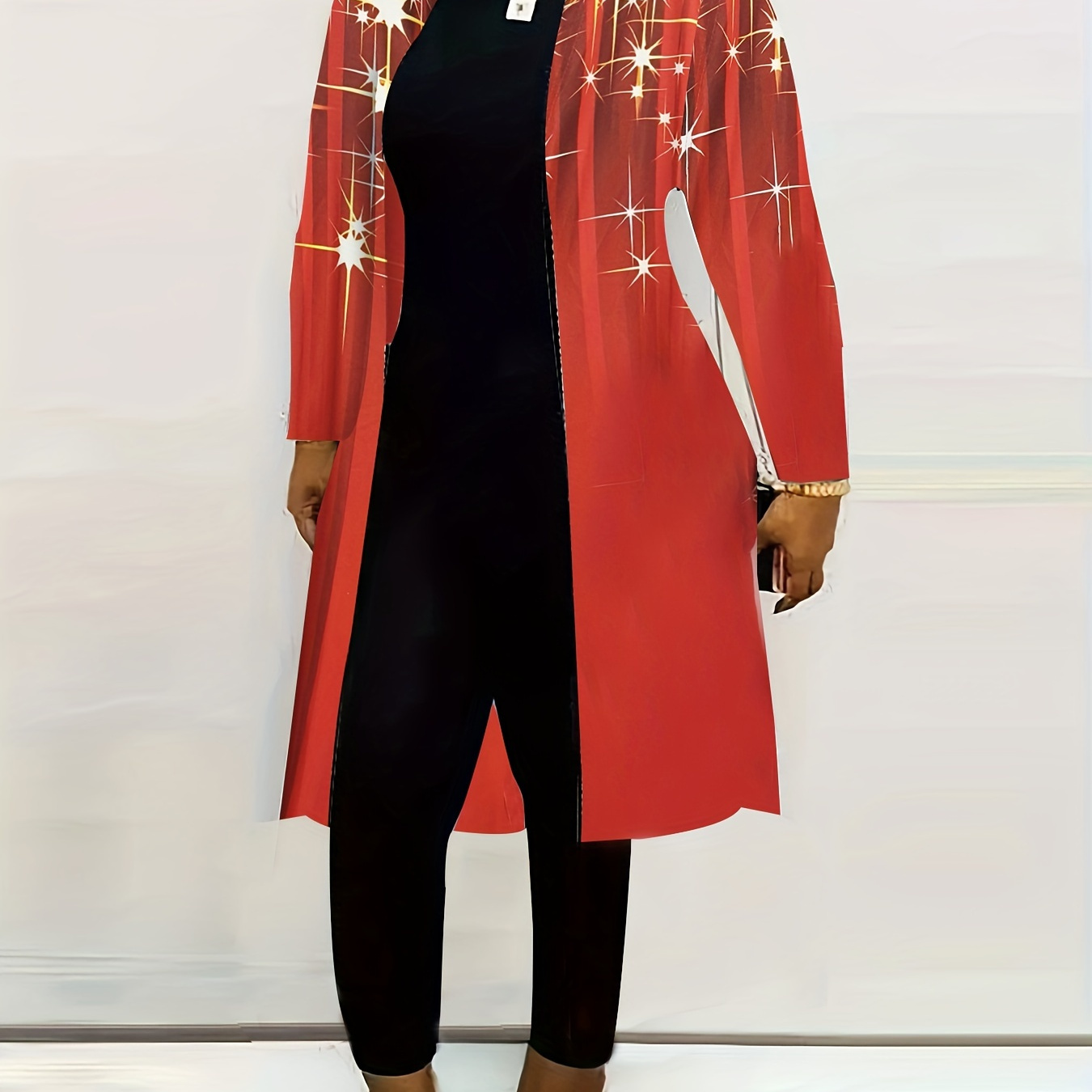 

Plus Size Christmas Coat, Women's Stripe Print Long Sleeve Open Front Asymmetric Hem Cardigan Coat