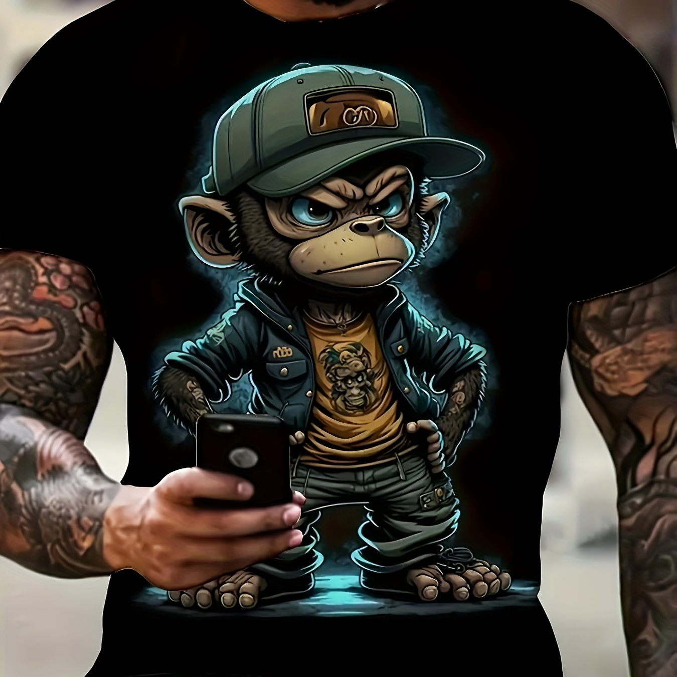 

Men's 100% Cotton Monkey Graphic Print T-shirt, Casual Short Sleeve Crew Neck Tee, Men's Clothing For Summer Outdoor