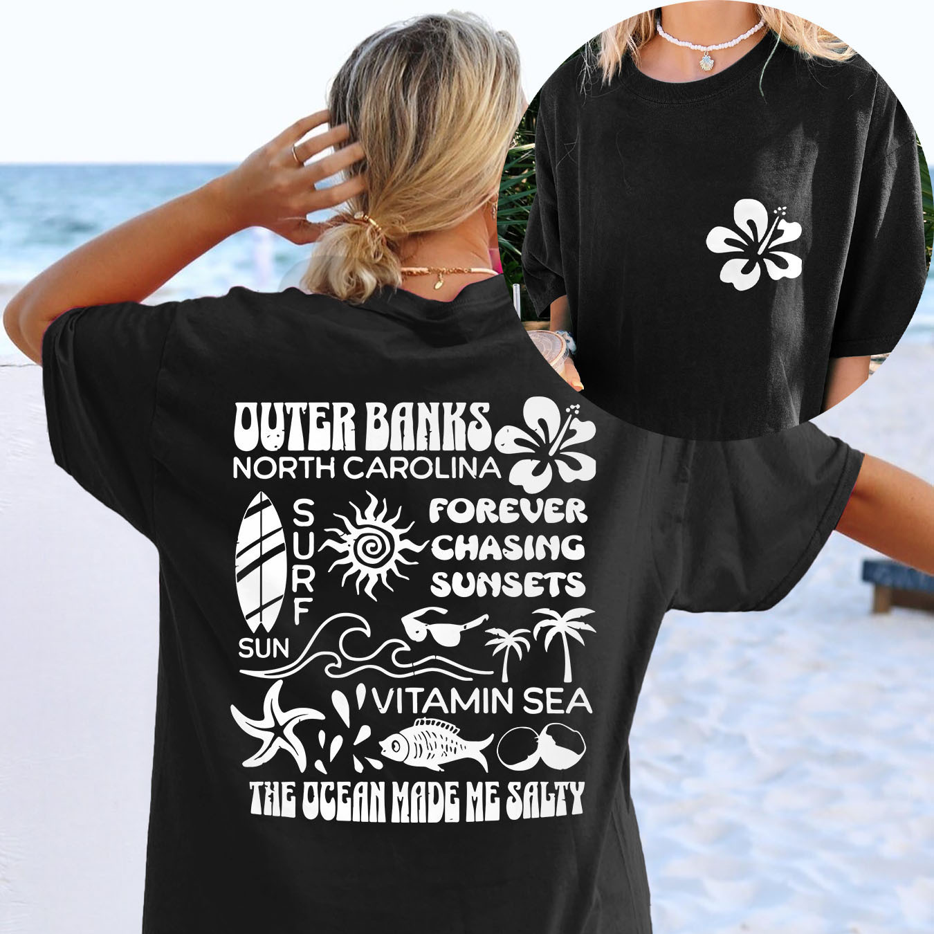 

Outer Banks North Carolina Letter And Flower Print Cotton T-shirt Dress - Relaxed Fit, All Seasons, Adult Size, Beach-ready Style